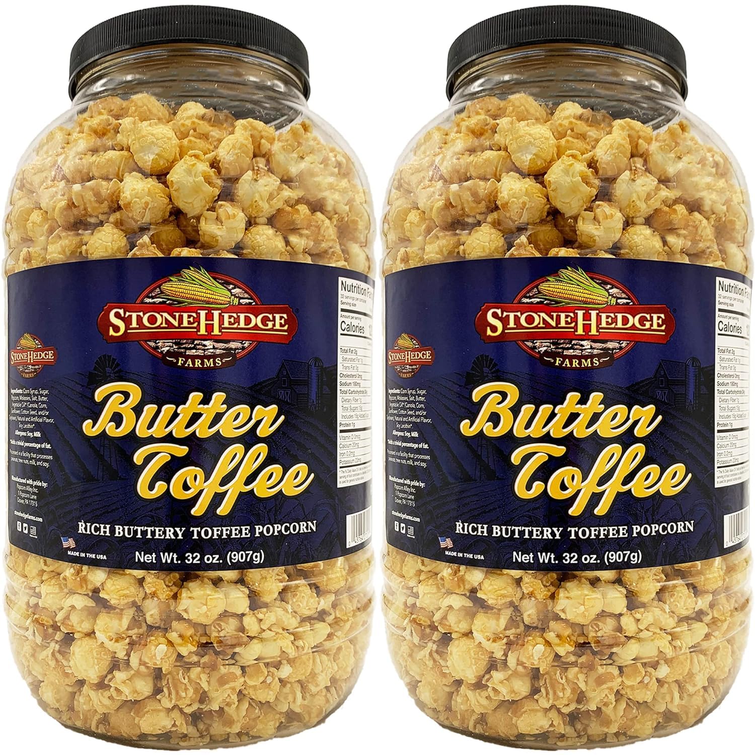Stonehedge Farms Butter Toffee Flavored Popcorn Barrel - 2 Pack - 32 Ounces Each - Made In The Usa - Gluten Free