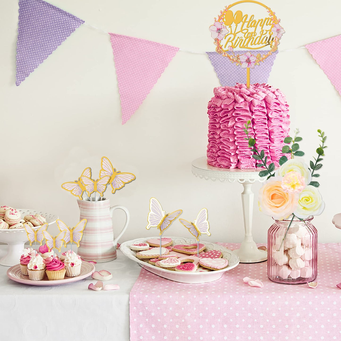 28Pcs Flower Cake Topper 3D Butterfly Acrylic Happy Birthday Cake Toppers Artificial Carnation Rose Flowers Eucalyptus Leaves Ca