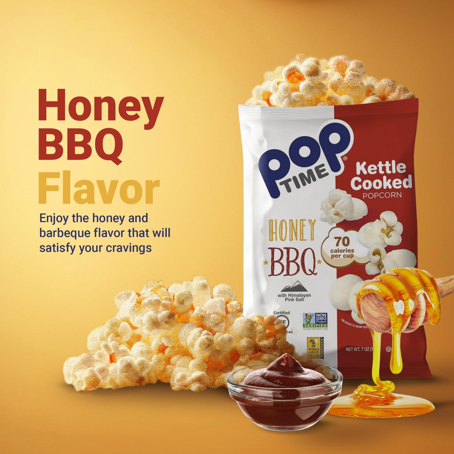 Poptime Kettle Cooked Popcorn - Honey Bbq, 7Oz Bags (Pack Of 12), Non-Gmo, Gluten Free, Dairy Free, Kosher, Whole Grain, Low Cho
