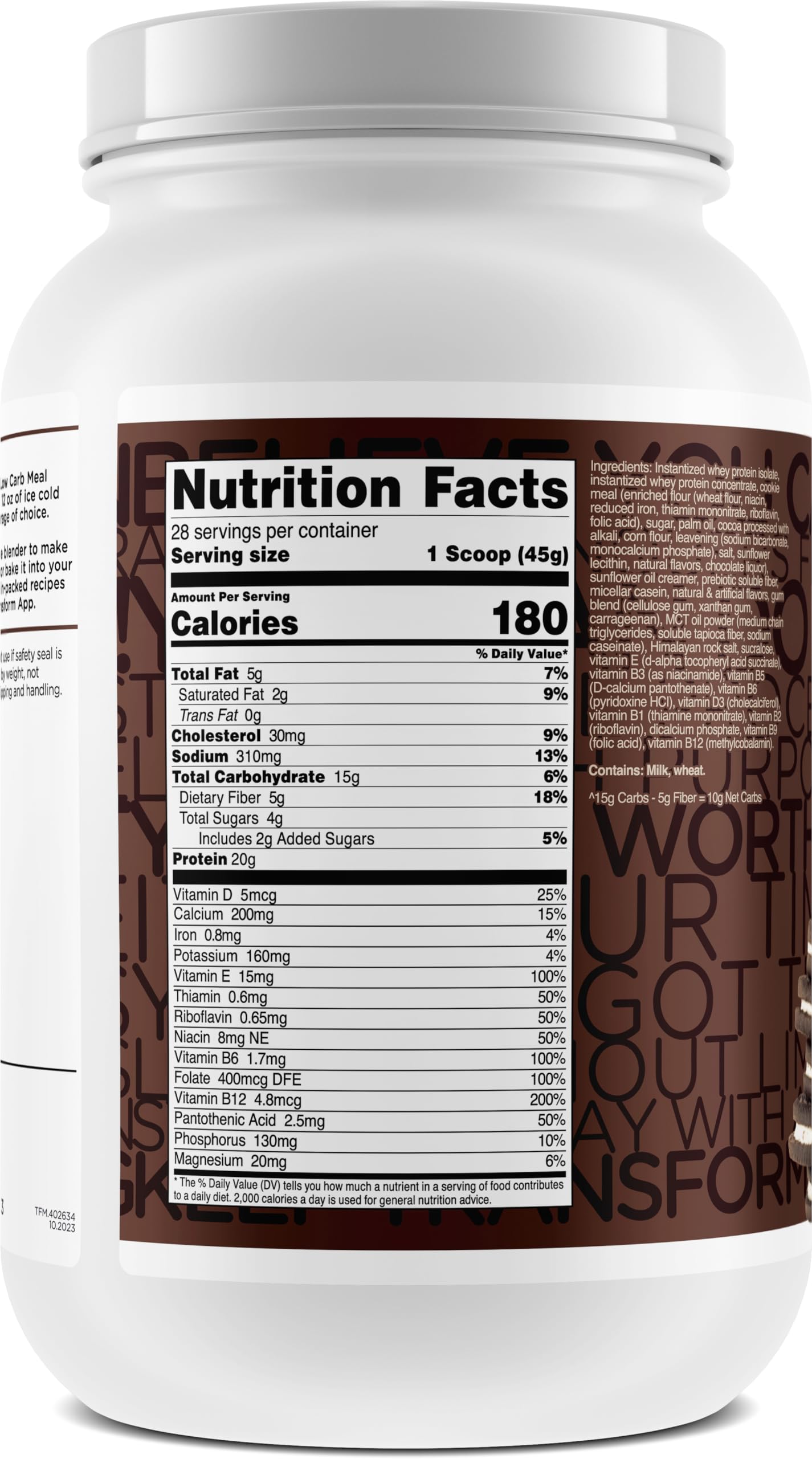 TransformHQ Meal Replacement Shake Powder - Cookies & Cream Flavor, 41.6 oz, Non-GMO, Model TFM-15084