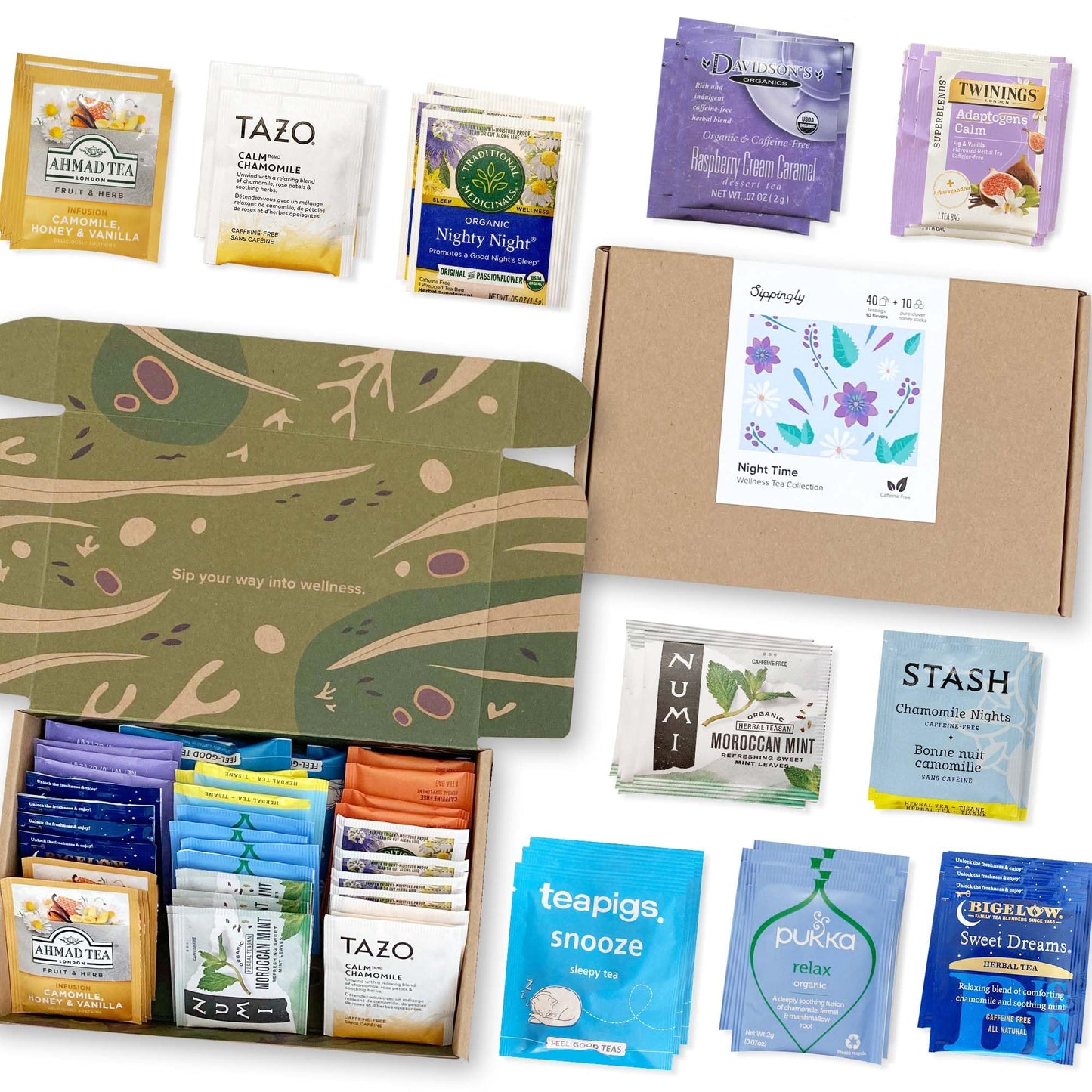 Sippingly Night Time Tea Sampler – 40 Herbal Teas, 10 Flavors, Relaxation Support, 50 Piece Set, Kosher, Gluten-Free