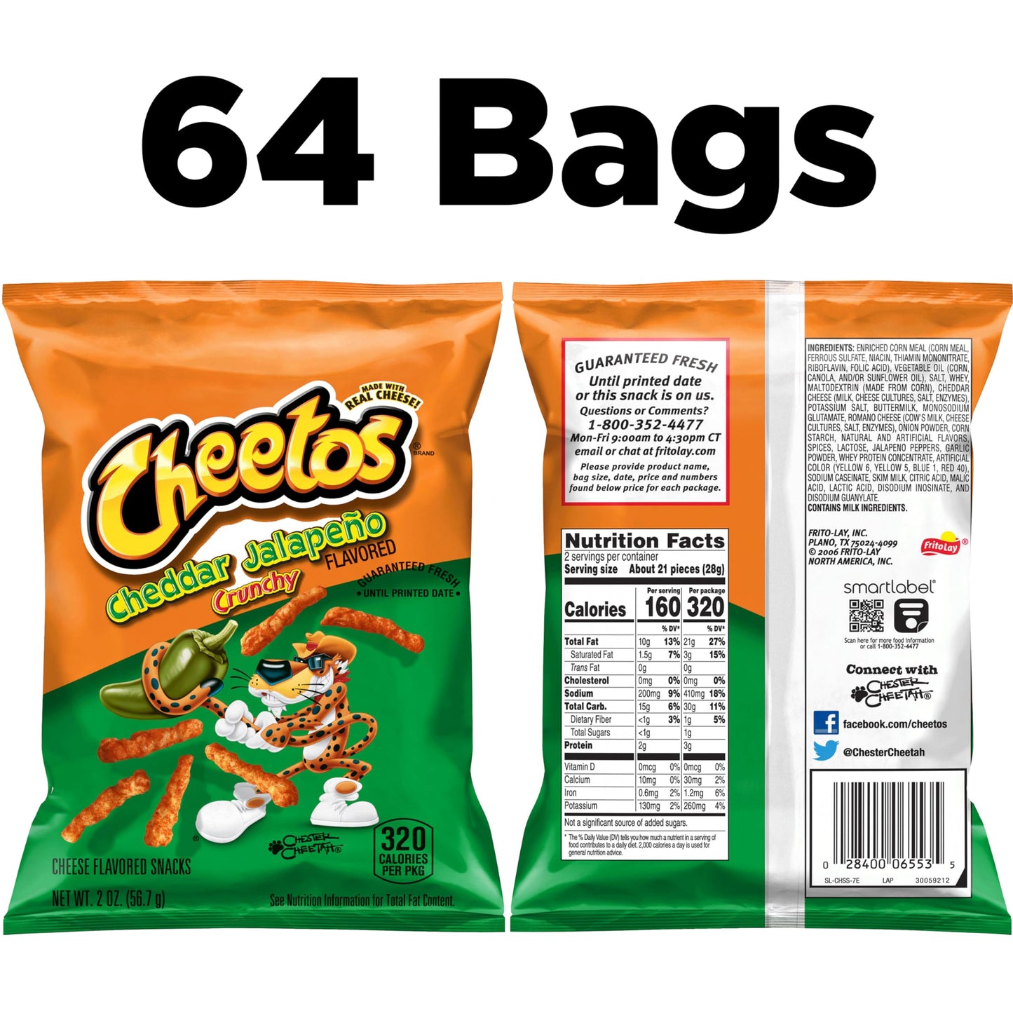 Cheetos Cheese Flavored Snacks, Cheddar Jalapeno Crunchy, 2 Ounce (Pack of 64)