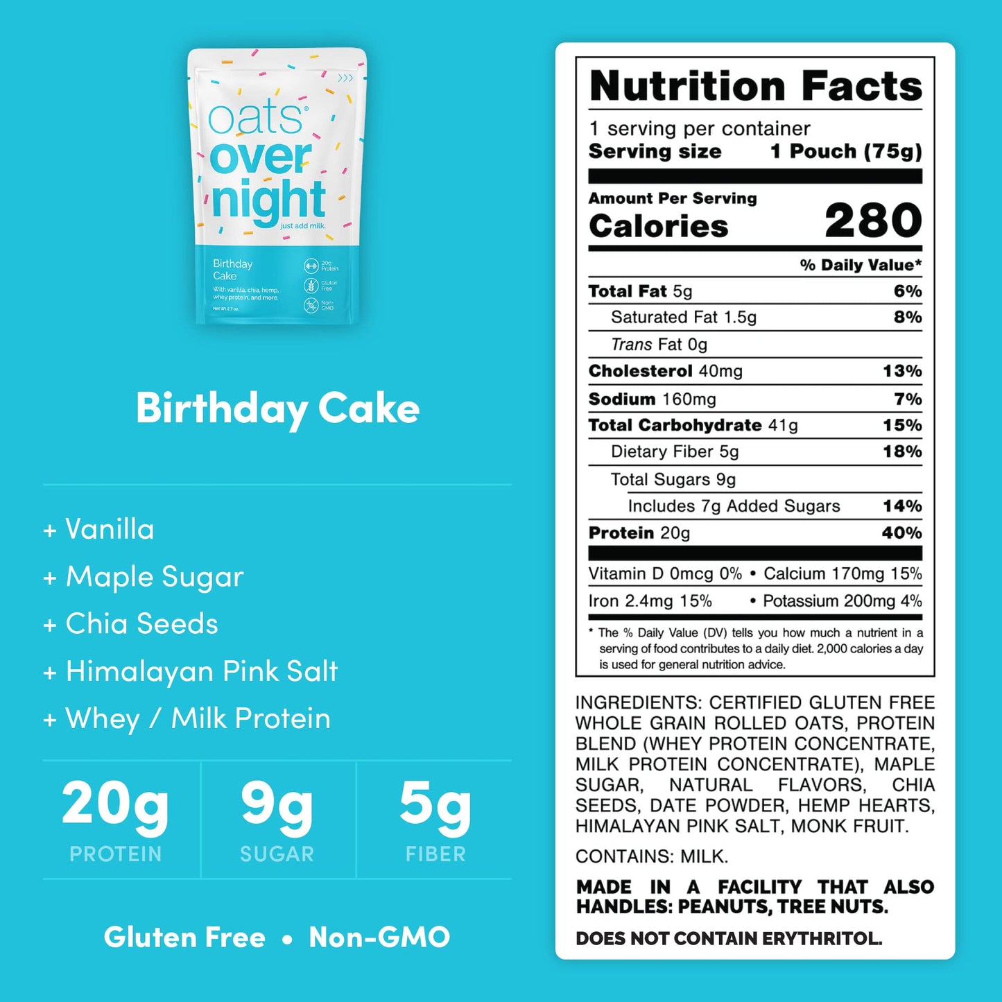 Oats Overnight Birthday Cake Overnight Oats, 20g Protein, 5g Fiber, Gluten Free, 2.7 oz (Pack of 8)