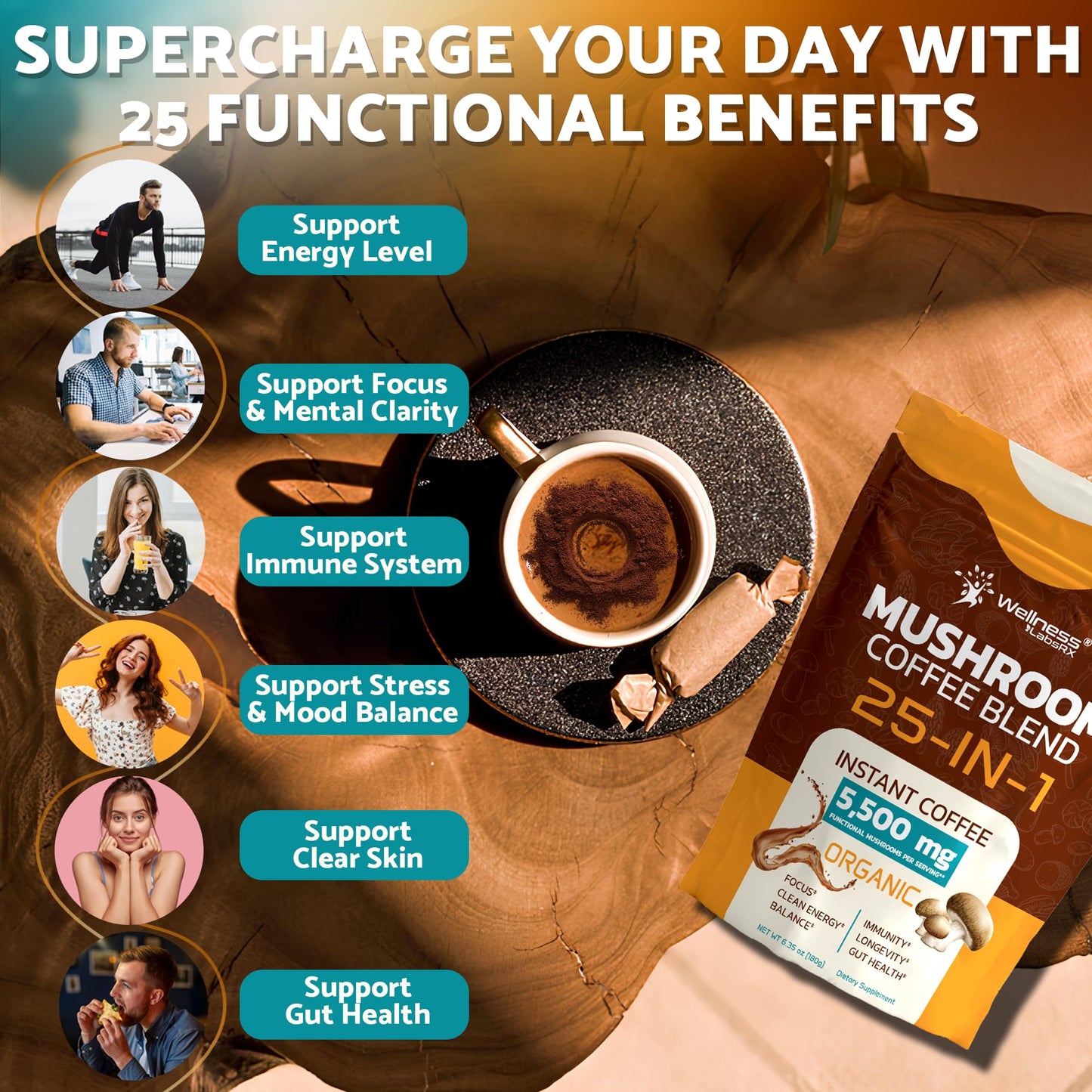WELLNESS LABS  Mushroom Coffee Instant Coffee, 25-in-1, Keto Friendly, 90 Servings, 6.35 Ounce