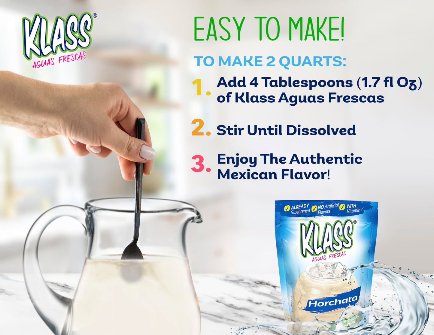 Klass Aguas Frescas | Drink Mix | Horchata | Flavors From Natural Sources, No Artificial Flavors, With Vitamin C (Makes 7 To 9 Quarts) 14.1 Oz Family Pack (4-Pack)