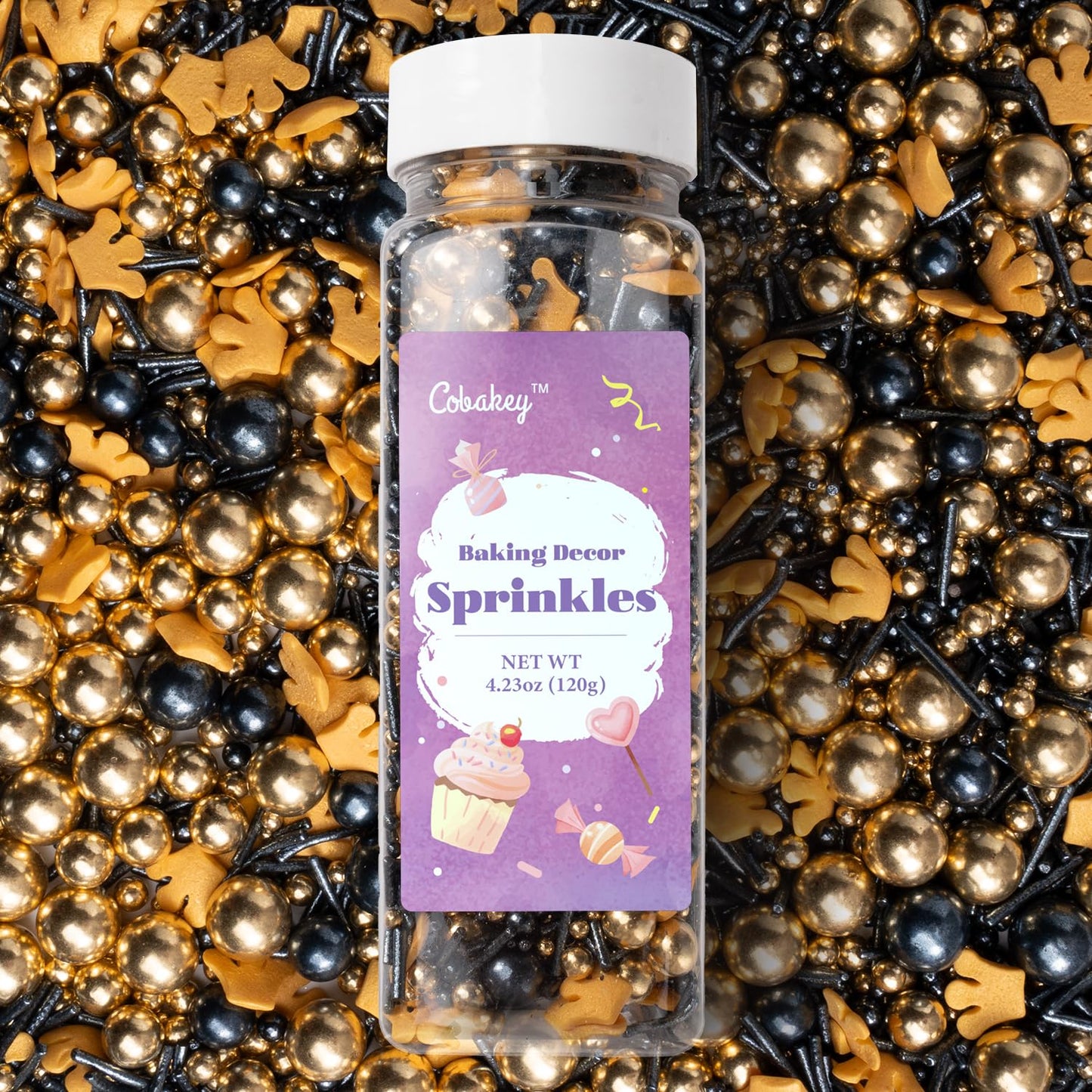 Royal Crown Black And Gold Sprinkles For Cake Decorating 4.23Ounce - Sugar Mix Contains Jimmies & Pearl Sprinkles For Cupcake To