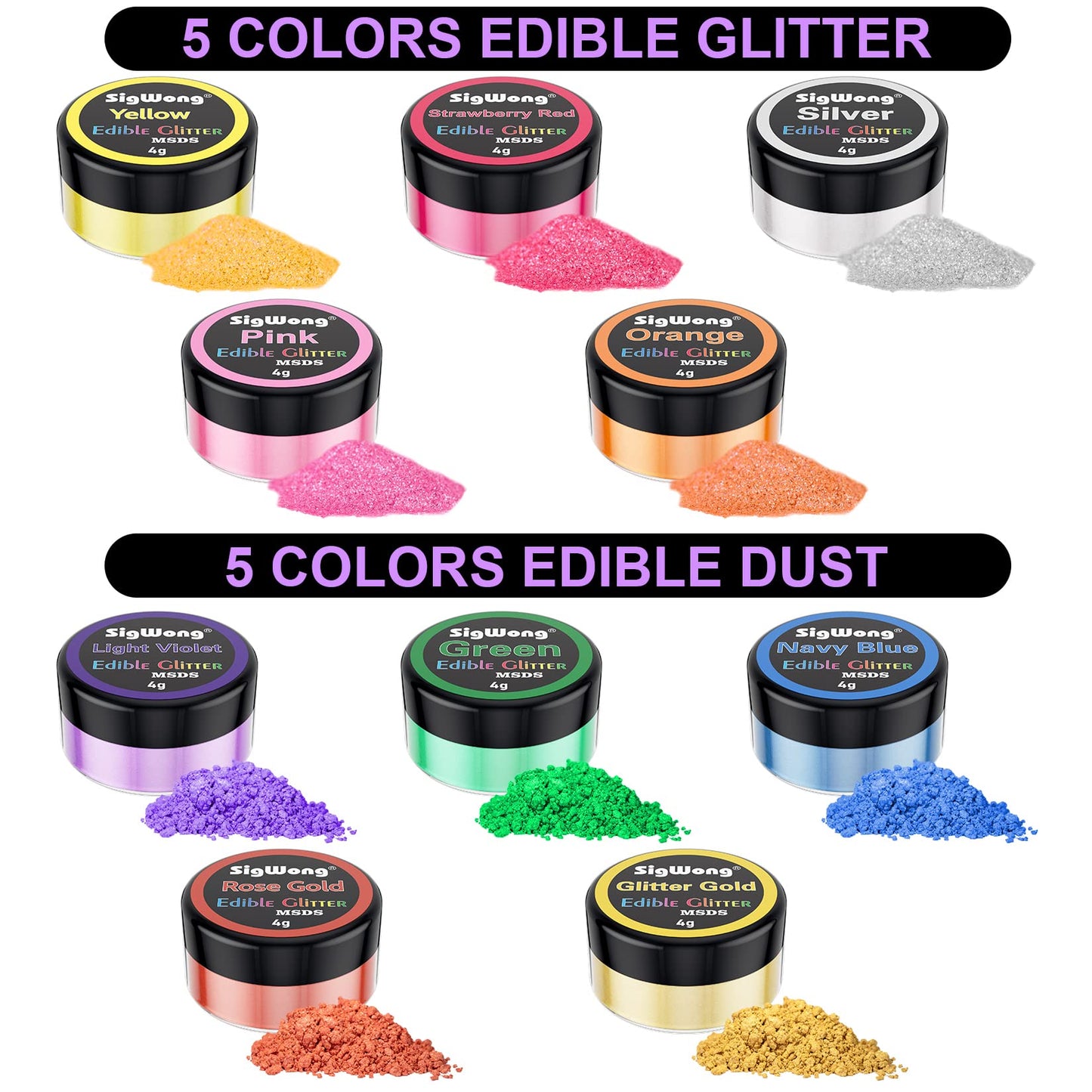 SigWong Edible Glitter Set - 10 Colors Luster Dust, Food Grade, Vegan, Gluten Free, 4g per Bottle