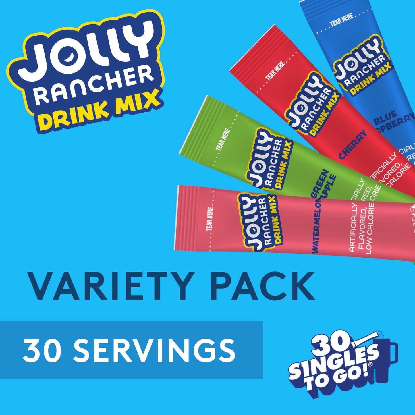 Jolly Rancher Singles To Go Variety Pack, Powdered Drink Mix, Zero Sugar, Low Calorie, Includes 4 Flavors: Green Apple, Blue Ras