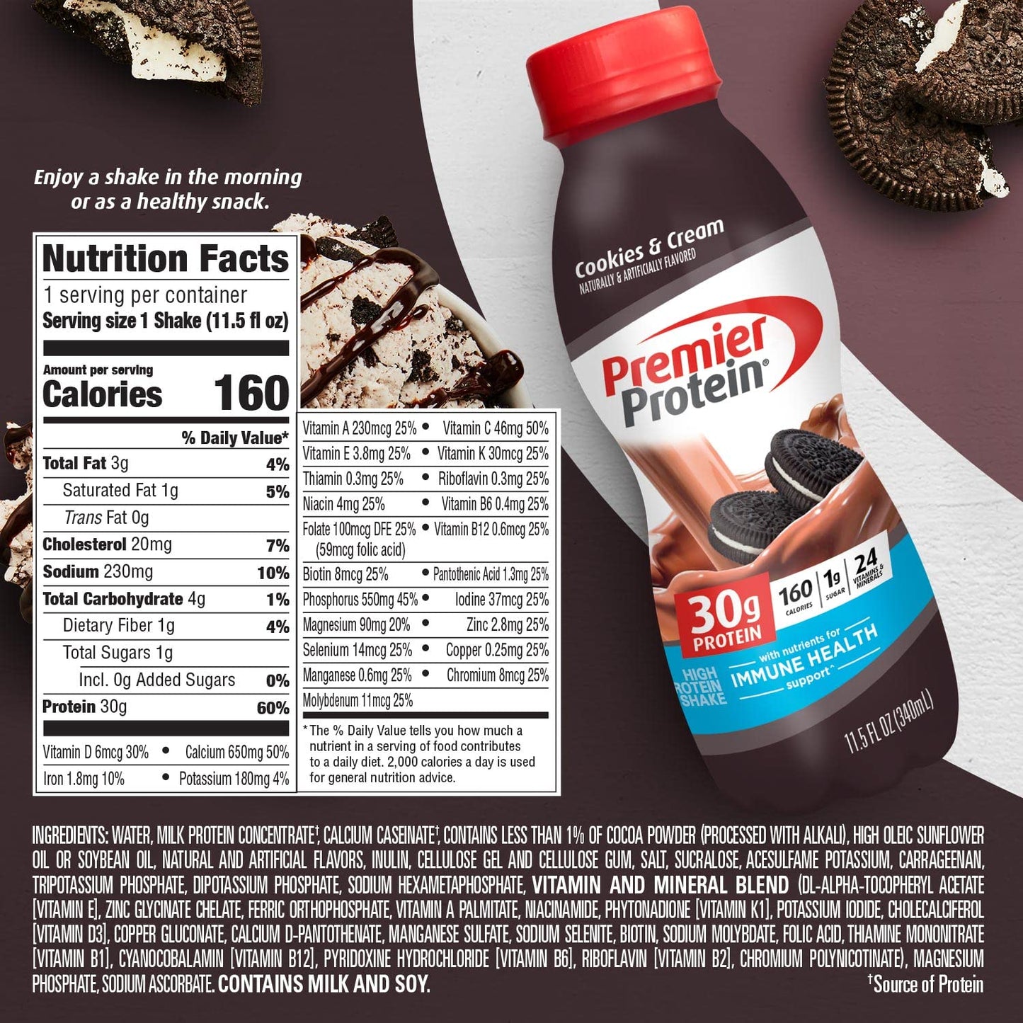 Premier Protein Shake, Cookies & Cream, 30g Protein, 1g Sugar, 24 Vitamins & Minerals, Nutrients to Support Immune Health 11.5 f