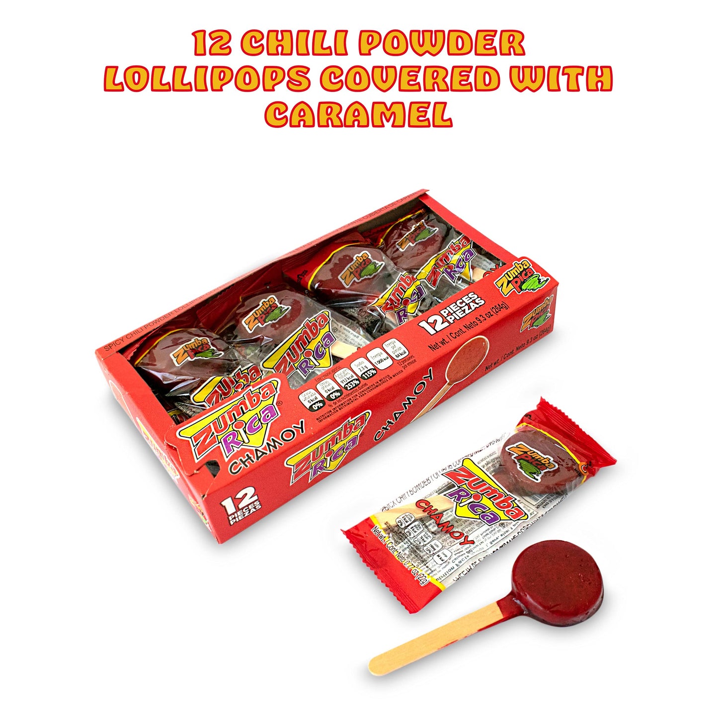Zumba Rica Chamoy Chili Powder Lollipop 12pcs - Chamoy Lollipops with Chili Powder Cover with Caramel - Mexican Lollipop - Chamo