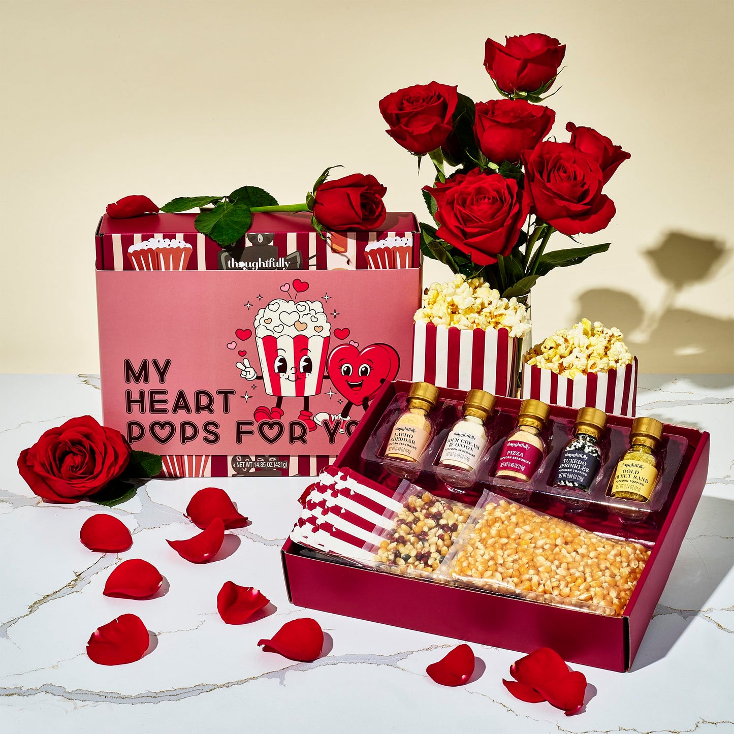 Thoughtfully Gourmet, Valentines Movie Night Popcorn Gift Set, Includes Yellow & Mixed Popcorn Kernels, 10 Popcorn Bags, 5 Gourm