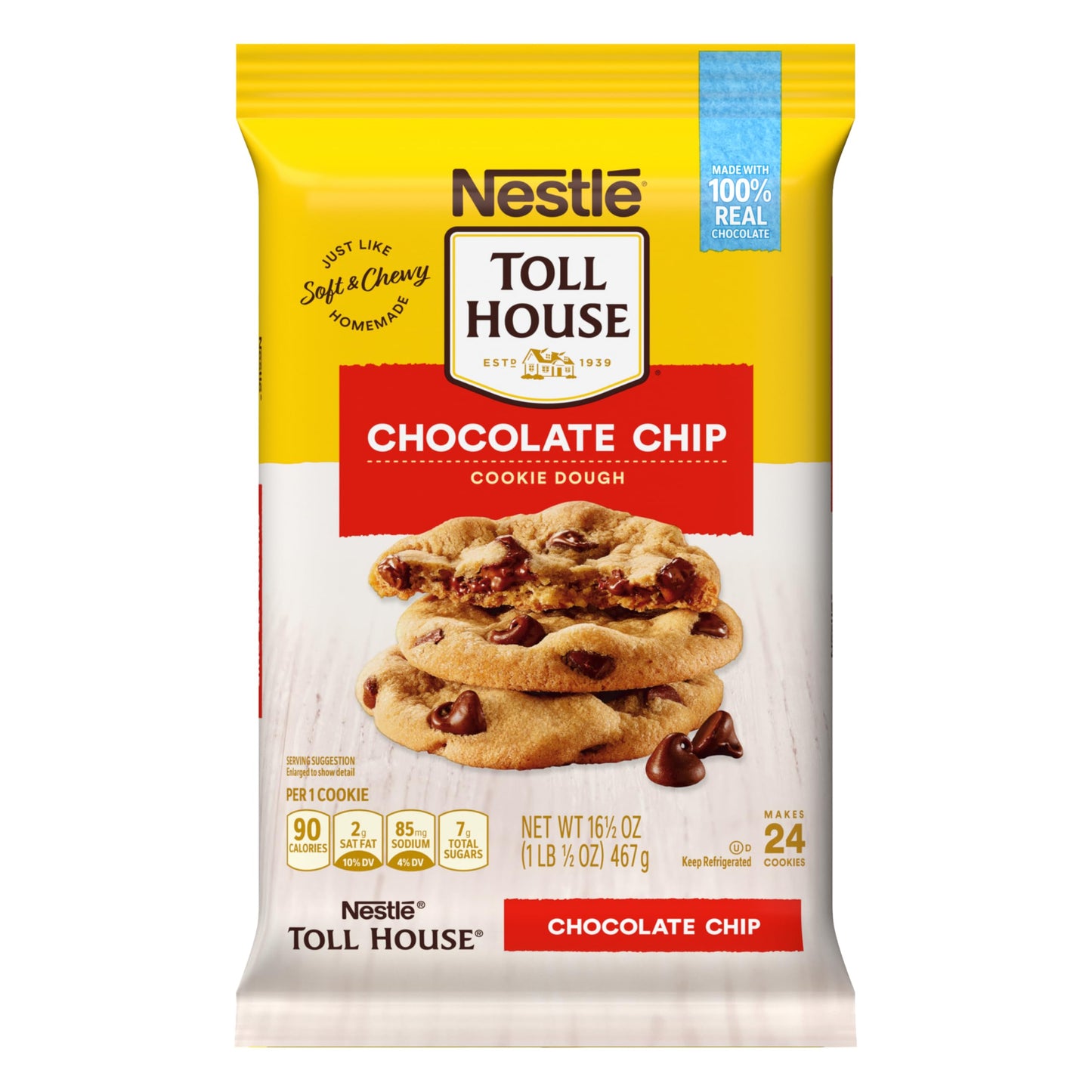 Nestle Toll House Chocolate Chip Cookie Dough with 100% Real Chocolate Chips - 2 Dozen Ready To Bake Just Like Homemade Chocolat