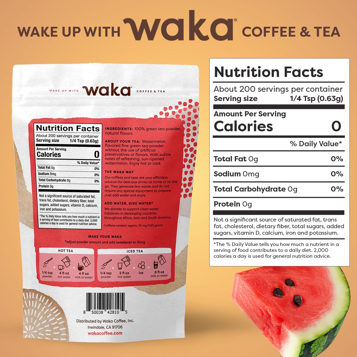 Waka Instant Green Tea Mix, Watermelon Flavored - 100% Tea Leaves, No Additives, Unsweetened Tea Powder In Bulk Pouch - Easy Qui