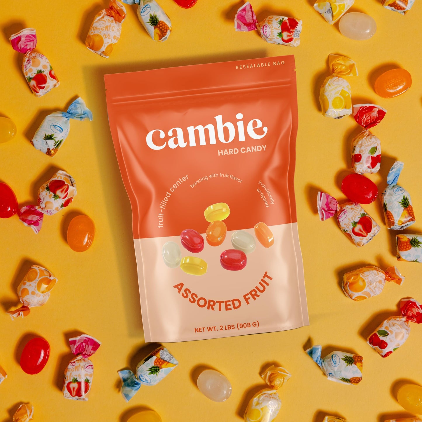Cambie Arcor Fruit Filled Bon Bon Hard Candy | 2 lb Pack | Soft & Chewy Interior | Flavors: Strawberry, Cherry, Pineapple, Orange, Lemon