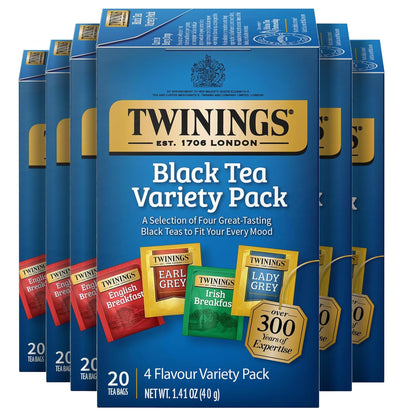 Twinings Variety Pack Black Tea Bags, 20 Count (Pack of 6), Includes English Breakfast, Early Grey, Irish Breakfast, and Lady Gr