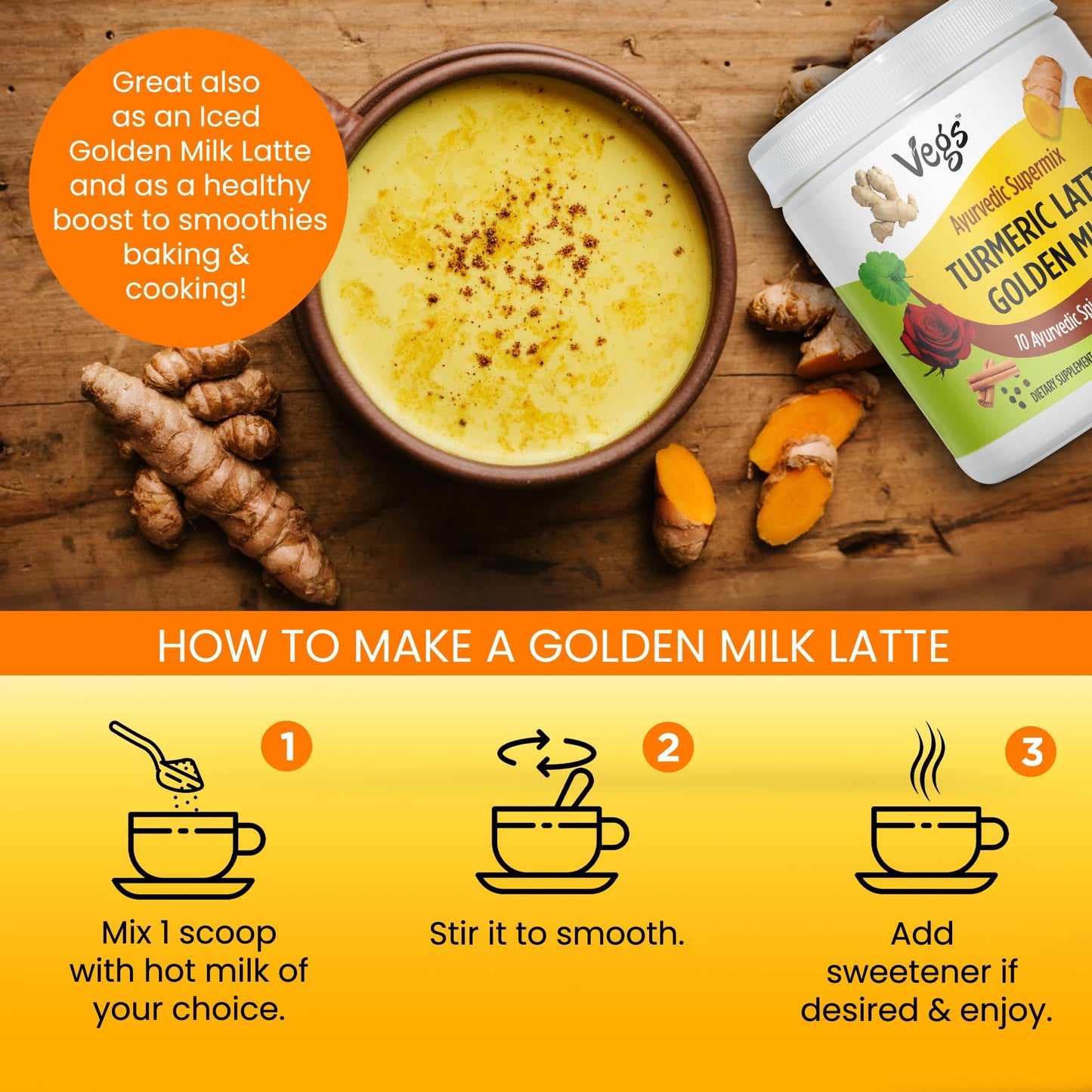 Vegs Turmeric Latte Golden Milk - Ayurvedic Super Spice Mix Golden Milk with Turmeric, Ginger, Rose Petals, Cinnamon, Ashwagandh