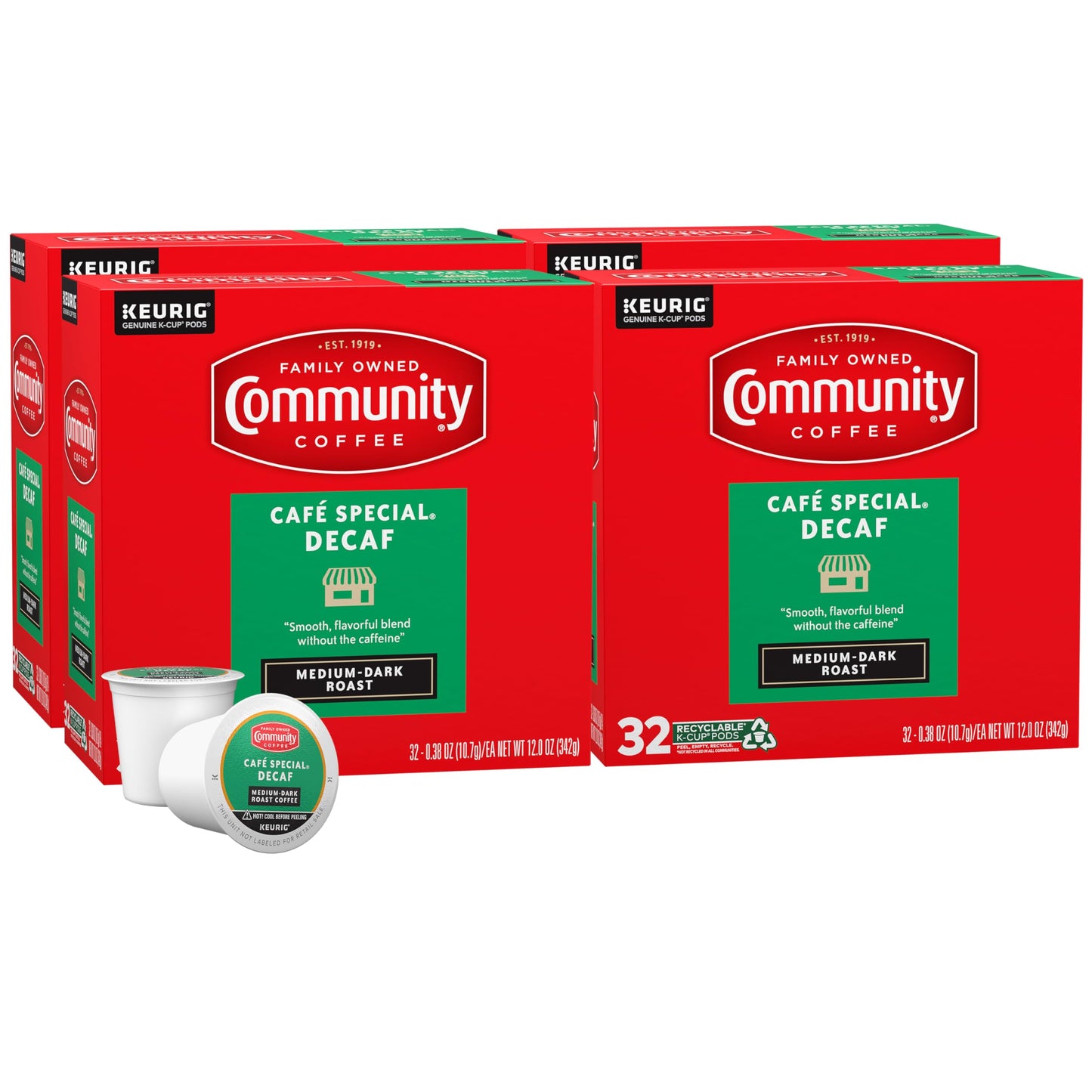 Community Coffee Café Special Decaf Medium-Dark Roast K-Cup Pods, 32 Count Box (Pack of 4)