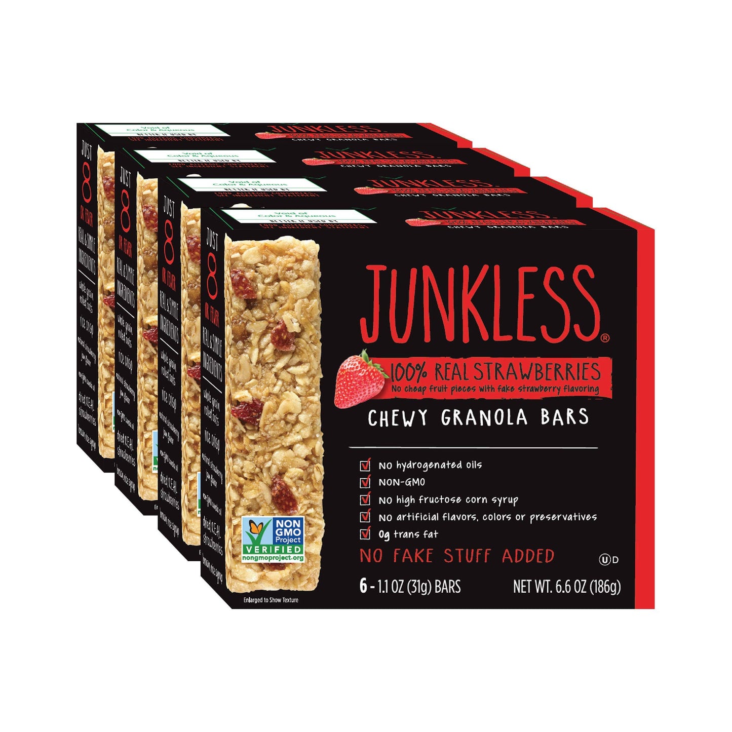 Junkless Strawberry Chewy Granola Bars - 100% Real Strawberries - Less Sugar, Great Tasting, Wholesome Snacks - Bulk Granola Bar
