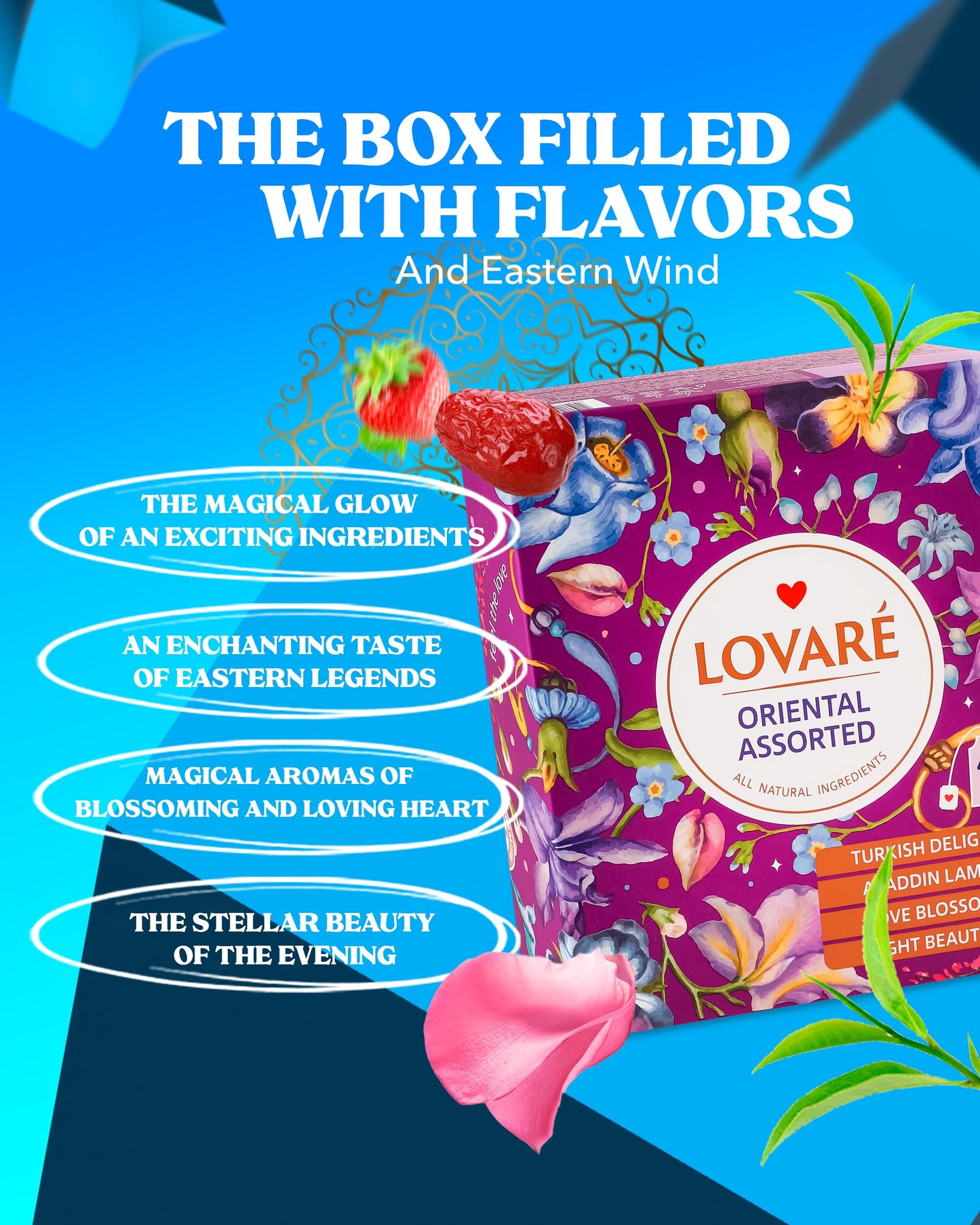 LOVARE Assorted Tea Variety Pack - 32 Individually Wrapped Tea Bags - Flavors: Turkish Delight, Aladdin Lamp, Love Blossom, Night Beautea