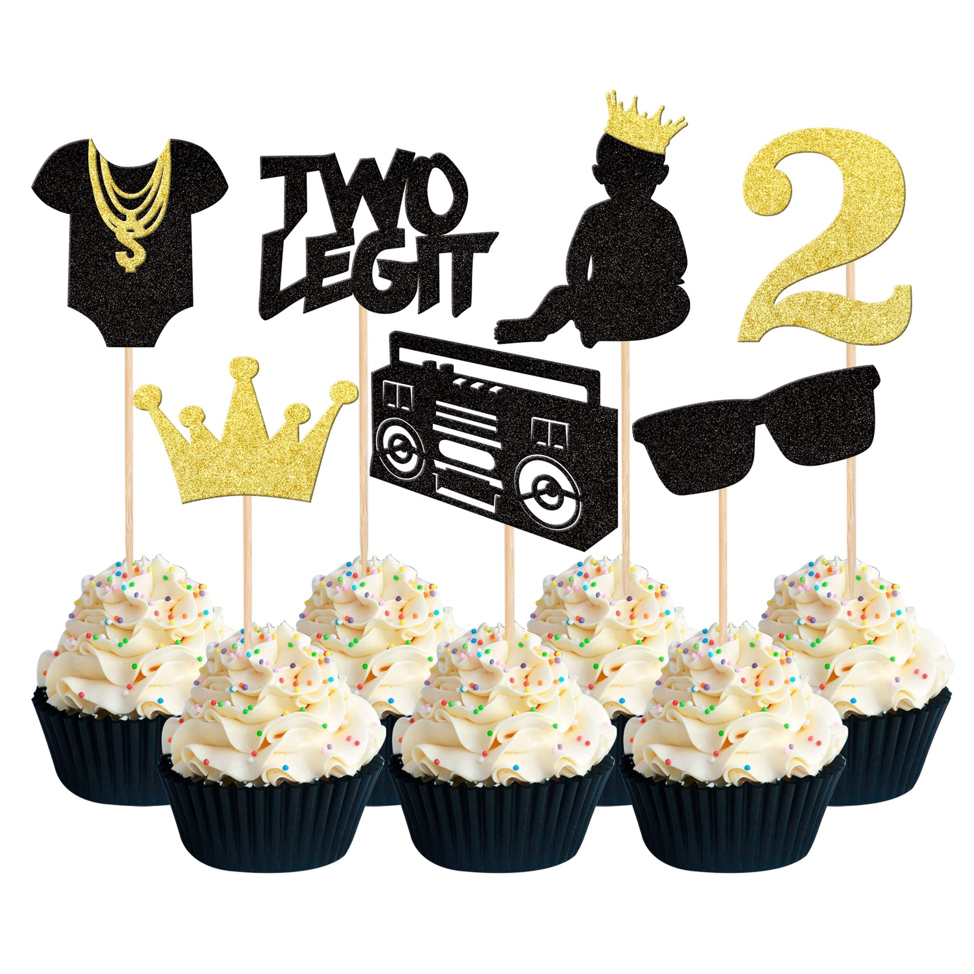 28 Pcs Two Legit Cupcake Toppers Black Glitter Hip Hop 2Nd Birthday Cupcake Picks Two Cool Glasses 90S Cake Decorations For Baby