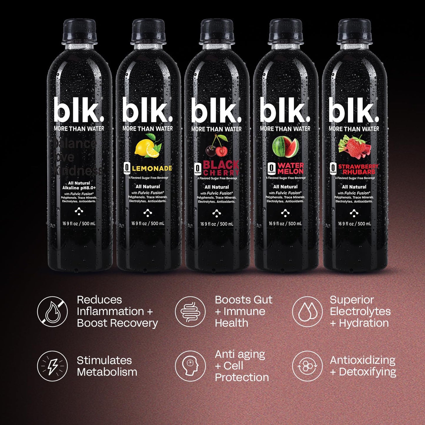 blk. Natural Alkaline Mineral Water, Electrolyte Infused, Strawberry Rhubarb Flavor, 1 Liter, Pack of 12