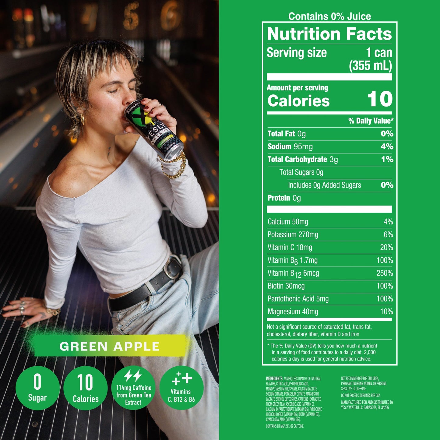 Yesly Energy - All Natural Clean Energy Drink - Zero Sugar Functional Energy Infused with Vitamins and Electrolytes - Green Appl