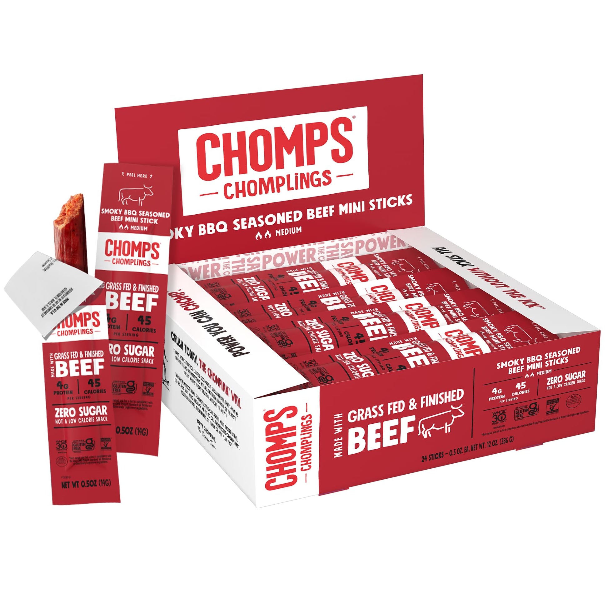Chomps Beef Jerky Snack Sticks, Smoky BBQ, 0.5oz, 24-Pack, Keto, Gluten-Free, Non-GMO