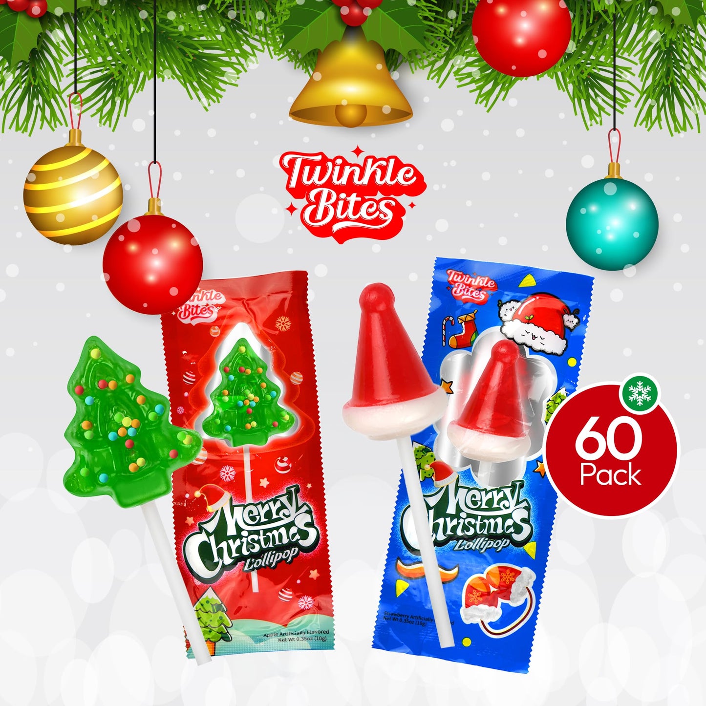 60 Pack Christmas Lollipops - Individually Wrapped Christmas Holiday Themed Hat And Tree Lollipops - Colorful Red & Green Designs & Delicious Flavor -Bulk Candy Use For Stocking Stuffers, Party Favor, Classroom & Office  , Candy Jar Fillers