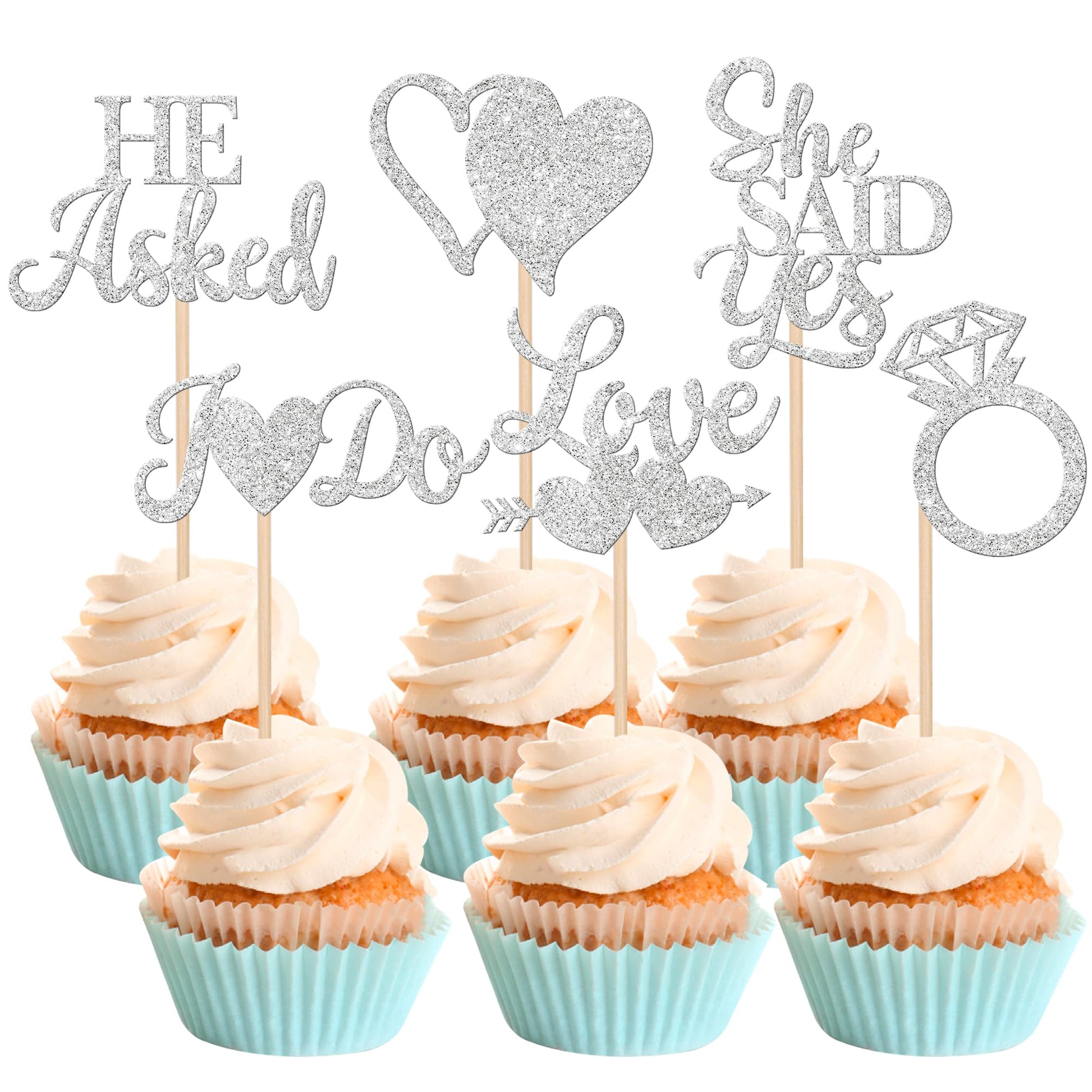 YCTHUNFISH Cupcake Toppers, 36 Pack Silver Glitter Love Heart I Do Ring Decorations for Wedding Engagement Bridal Shower
