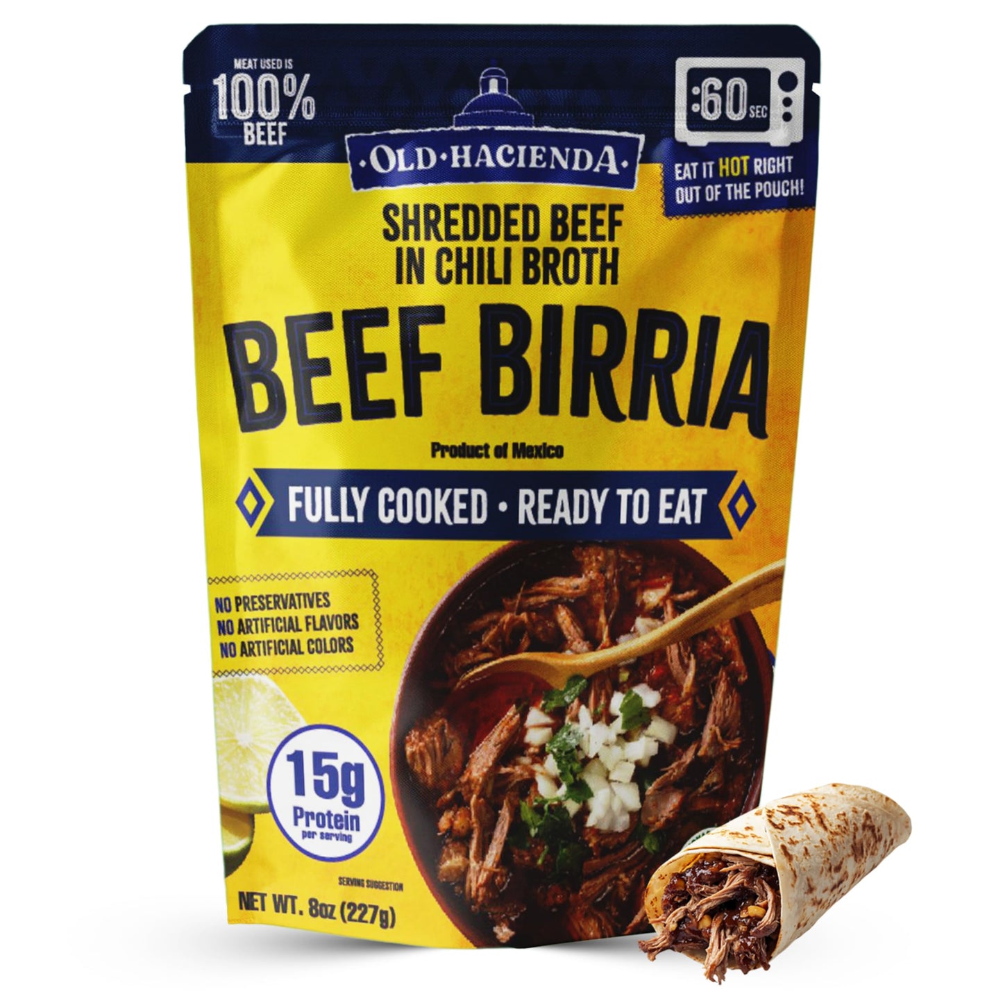 Old Hacienda Beef Birria | 100% Shredded Beef In Chili Broth | Fully Cooked & Ready To Eat | 15G Protein | No Preservatives  Artificial Flavors Or Colors | Bpa Free Pouch | Pack Of 1-8 Oz
