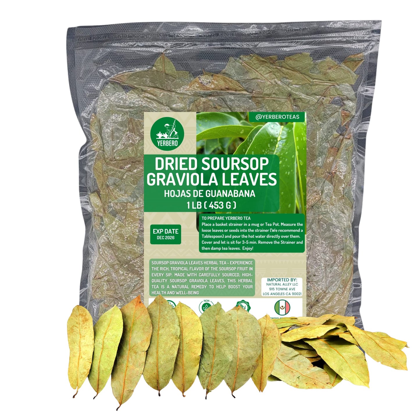 Yerbero - Whole Wildcrafted Dried Graviola Soursop Leaves 1 Lb (453G - 1300+ Leaves Per Bag) Hoja De Guanabana Seca, Crafted By