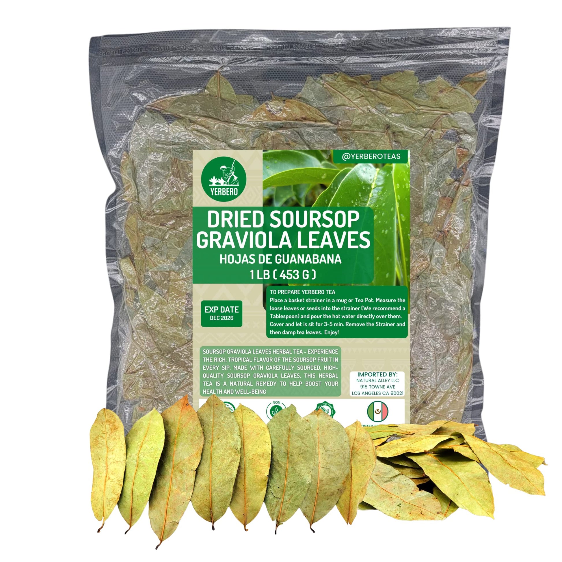 Yerbero - Whole Wildcrafted Dried Graviola Soursop Leaves 1 Lb (453G - 1300+ Leaves Per Bag) Hoja De Guanabana Seca, Crafted By
