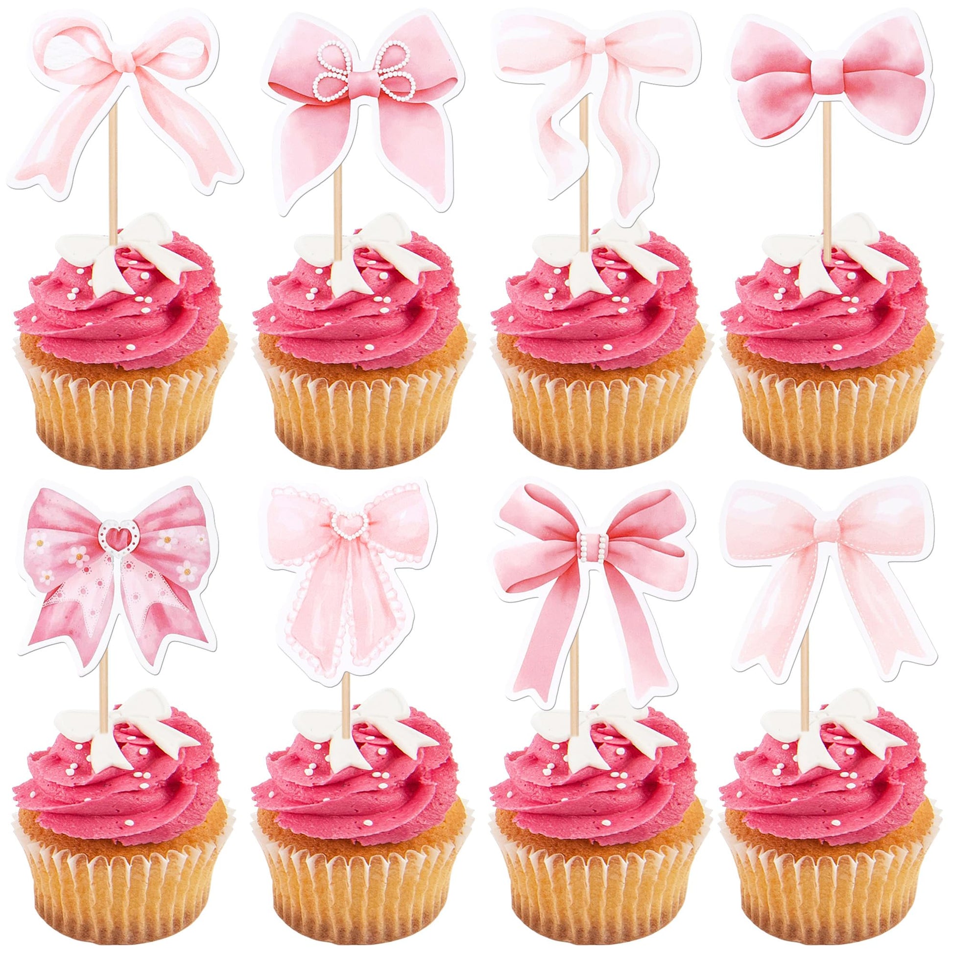 YCTHUNFISH Bowknot Cupcake Toppers - 40 Pack Paper Picks for Wedding, Bridal Shower, Birthday Party - Pink Decor