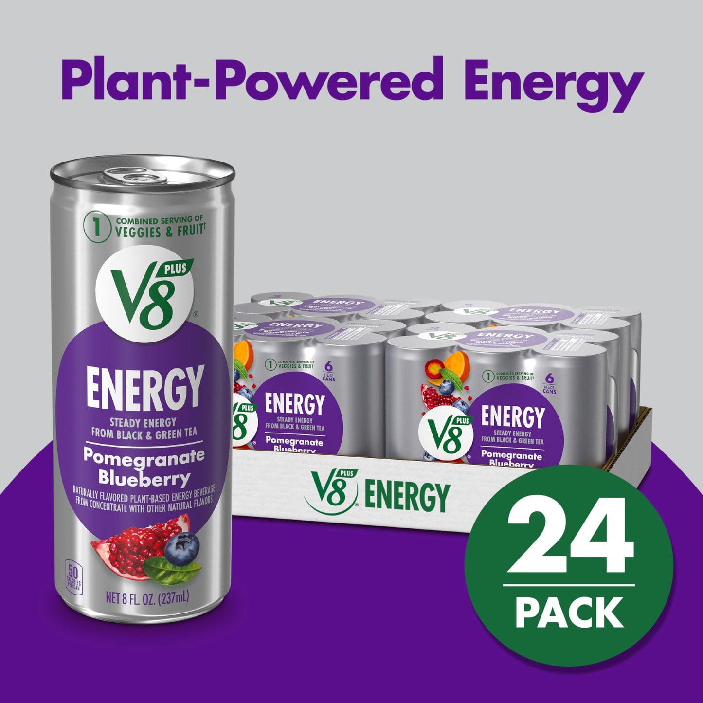 V8 Energy Drink Pomegranate Blueberry, 8 fl oz Can, Pack of 24