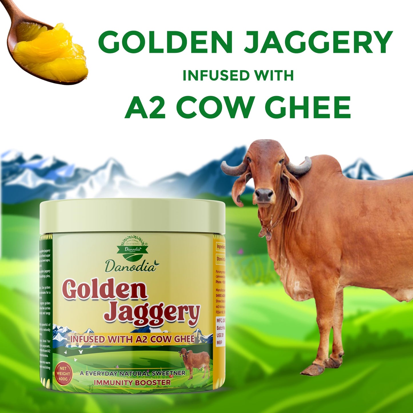 Danodia Foods Golden Jaggery with A2 Cow Ghee, 14.1 oz | Cane Juice Jaggery Infused with Pure A2 Ghee, Rich Caramel-Butter Taste