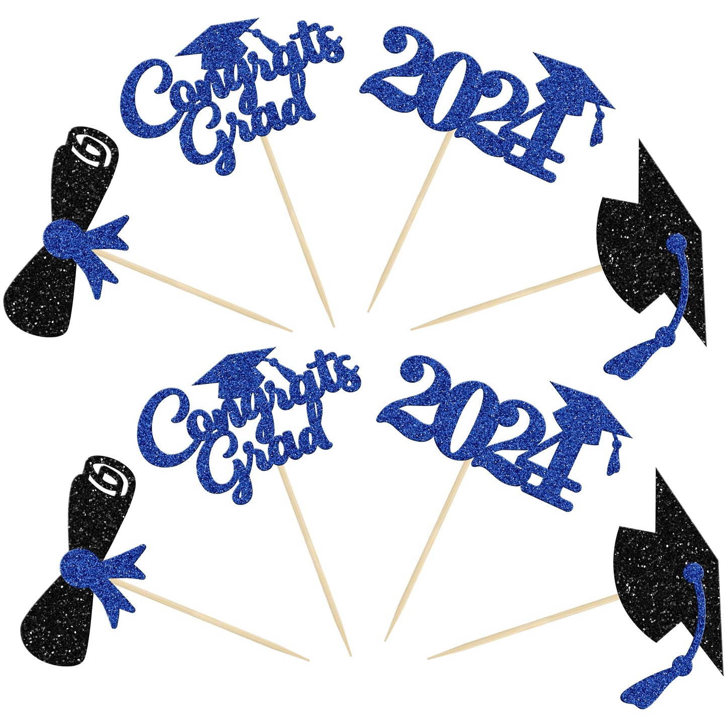 Gyufise 24Pcs 2024 Graduation Cupcake Toppers Blue Glitter Congrats Grad 2024 Diploma Cap Cupcake Picks Class Of 2024 Cake Decor