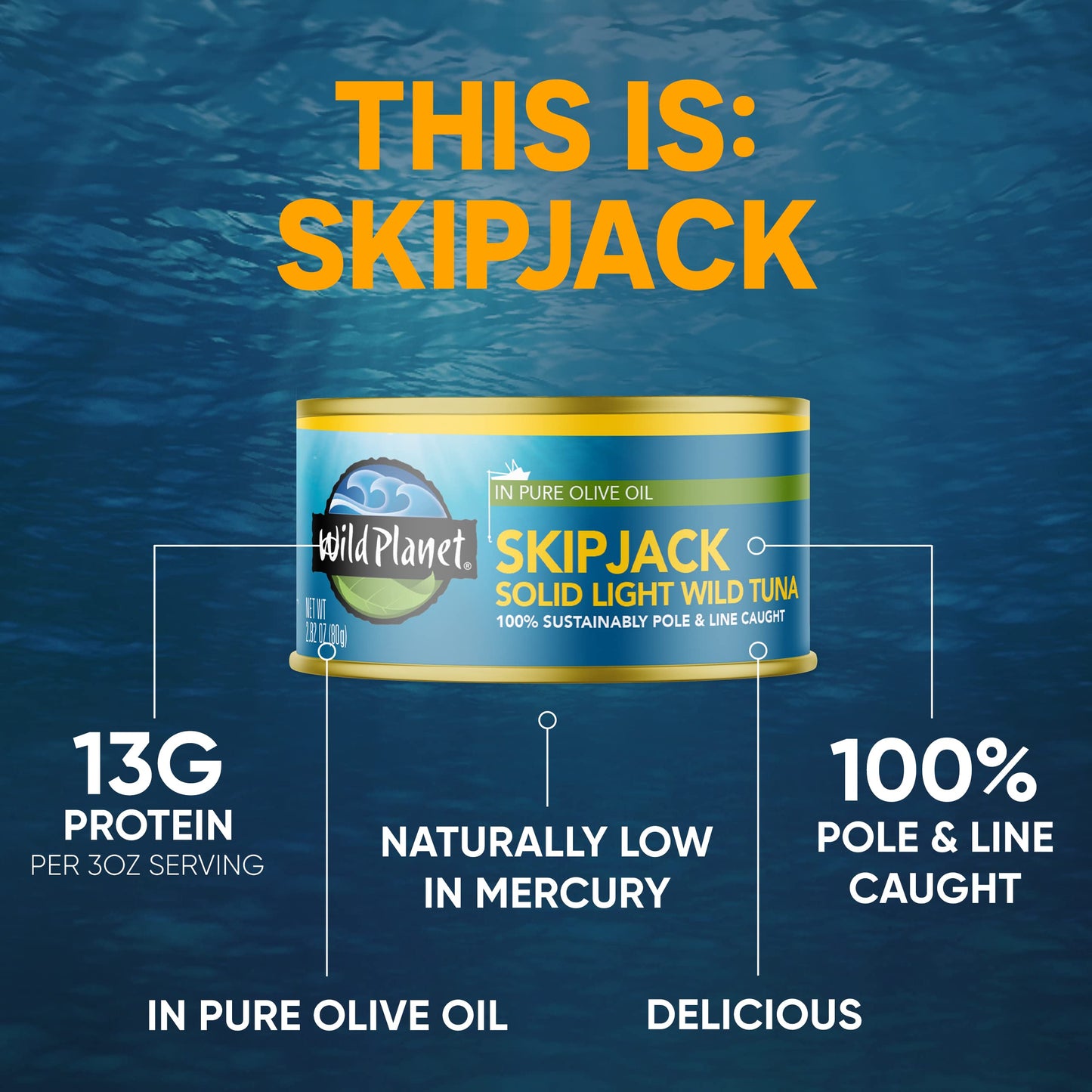 Wild  t Skipjack Tuna in Olive Oil, 2.82oz (Pack of 12), Sustainably Caught, Tinned Fish, Canned Tuna