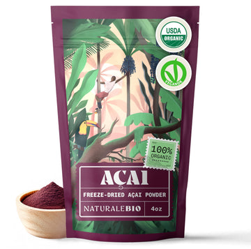 NaturaleBio Acai Powder Organic 4oz - Freeze Dried - Pure Organic Acai Berry Powder (Freeze-Dried) from Brazil, Dried, Raw Food 