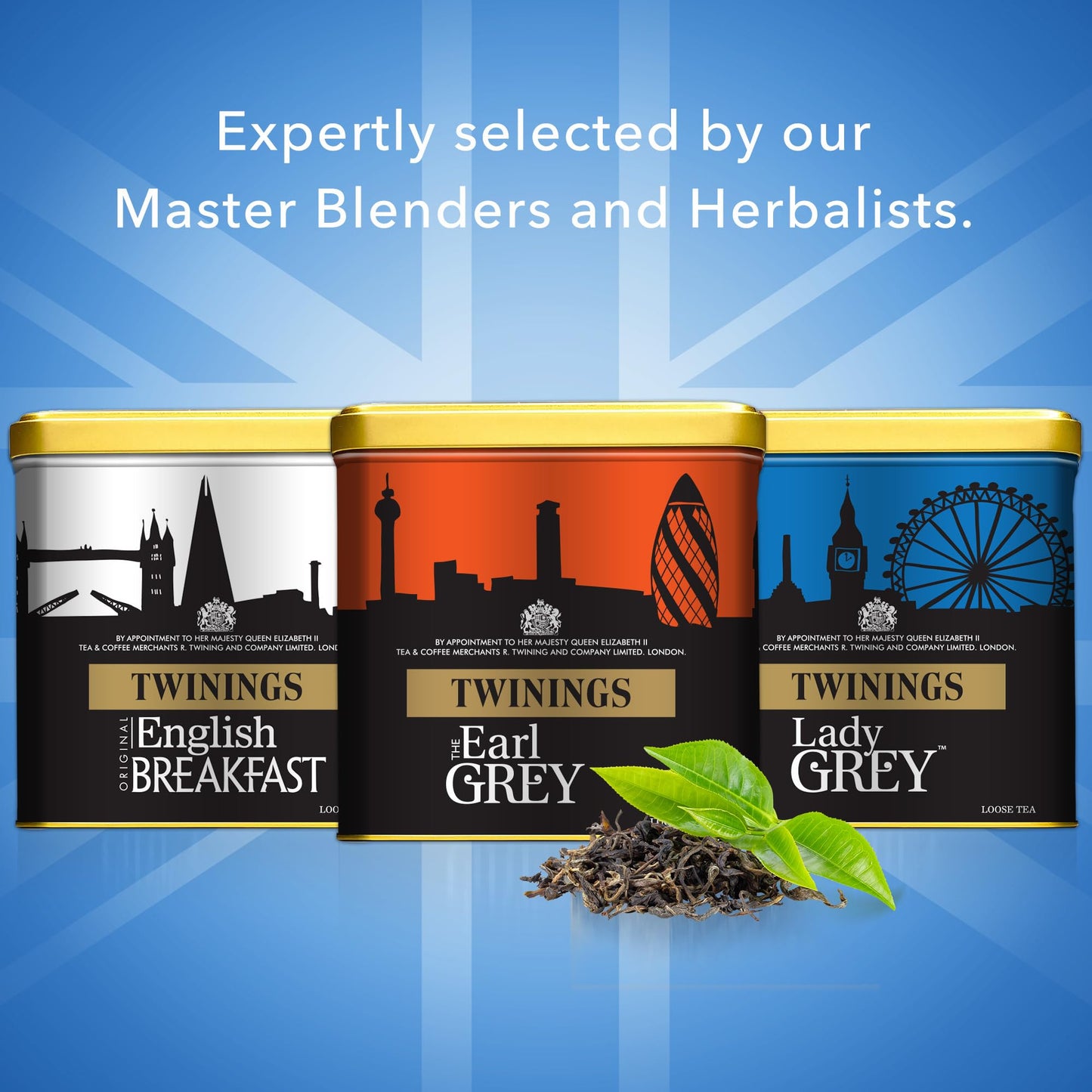 Twinings London Skyline Red, White, & Blue Commemorative Collection Of Loose Leaf Teas, Limited Edition Gift Set, 100G Tins (Pack Of 3), Original English Breakfast, The Earl Grey, & Lady Grey Tins