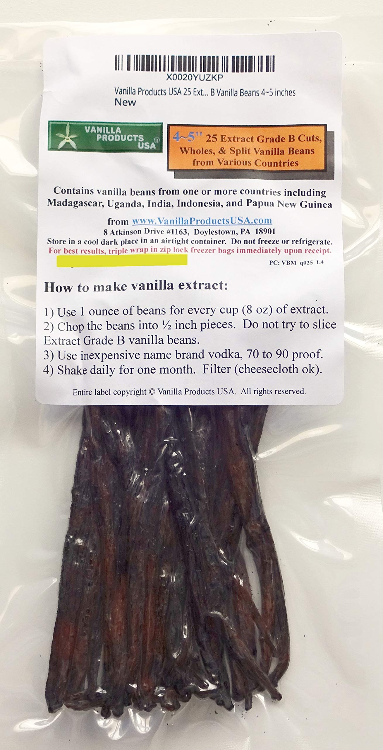 Vanilla Products USA Extract Grade B Vanilla Beans, 25 Count, 4-5 inches (12-14 cm)