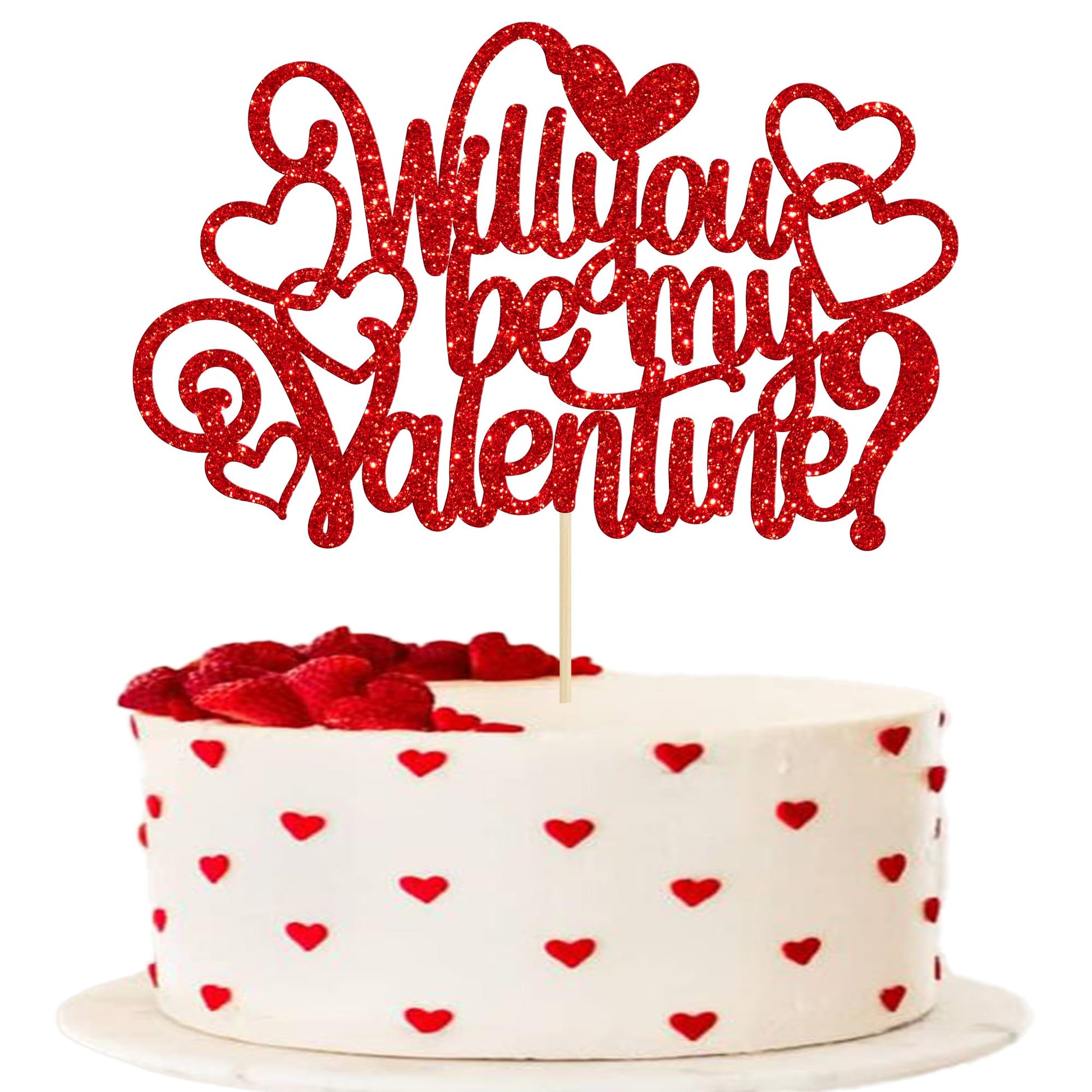 Ephlyn 1Pc Will You Be My Valentine Cake Topper Glitter Love Heart Valentine'S Day Cake Pick For Valentine'S Day Theme Wedding B