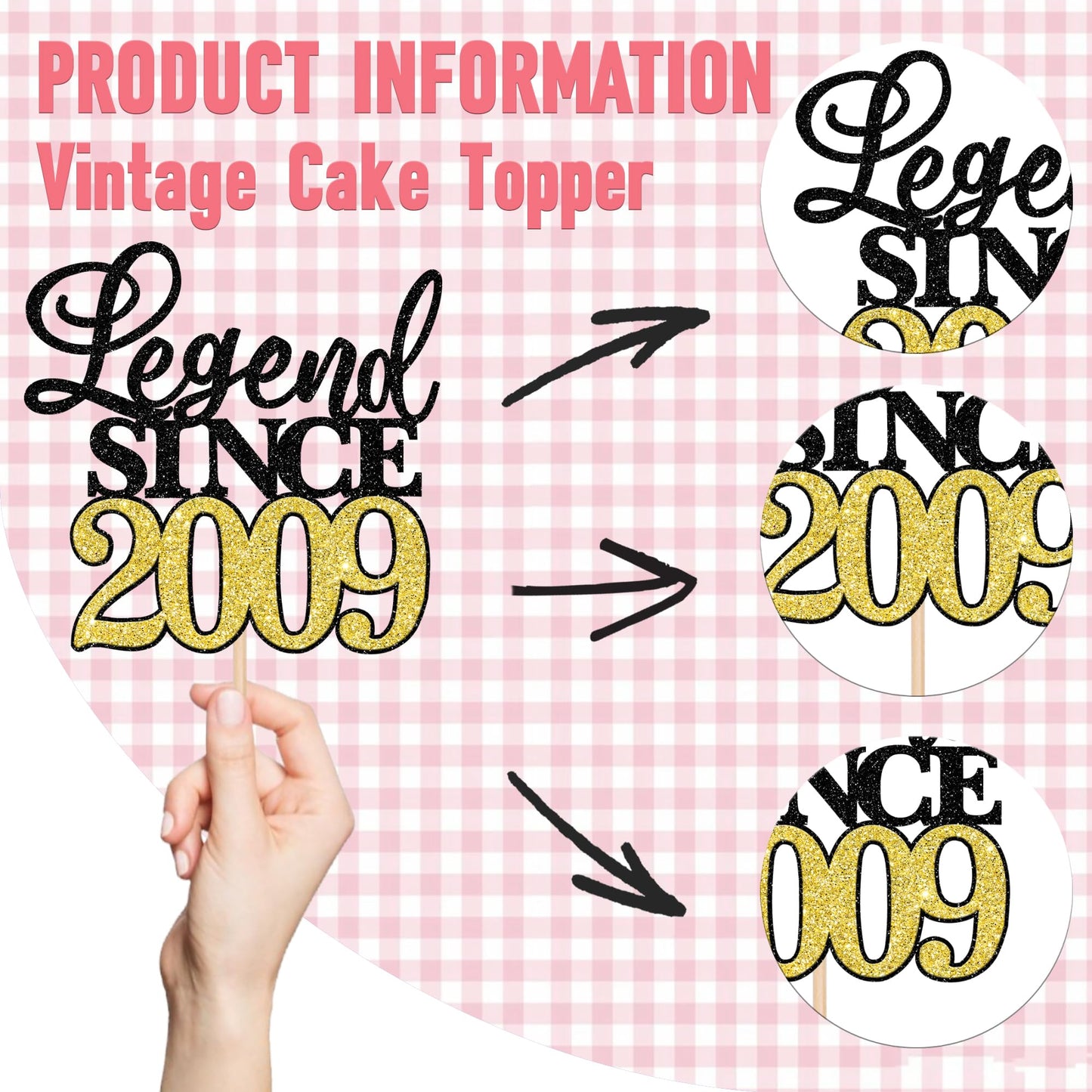 Rssta i Cake Topper Glitter 16th Birthday Decoration, Black Gold, Happy Since 2009, Suitable for Parties and Anniversaries