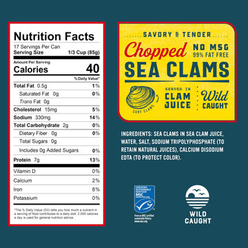 Snows Chopped Sea Clams in Clam Juice  51 oz Can - enhanced Grade Wild Caught Gourmet Surf Clams - 7g Protein Per Serving - Gluten Free  Keto Friendly  99% Fat Free
