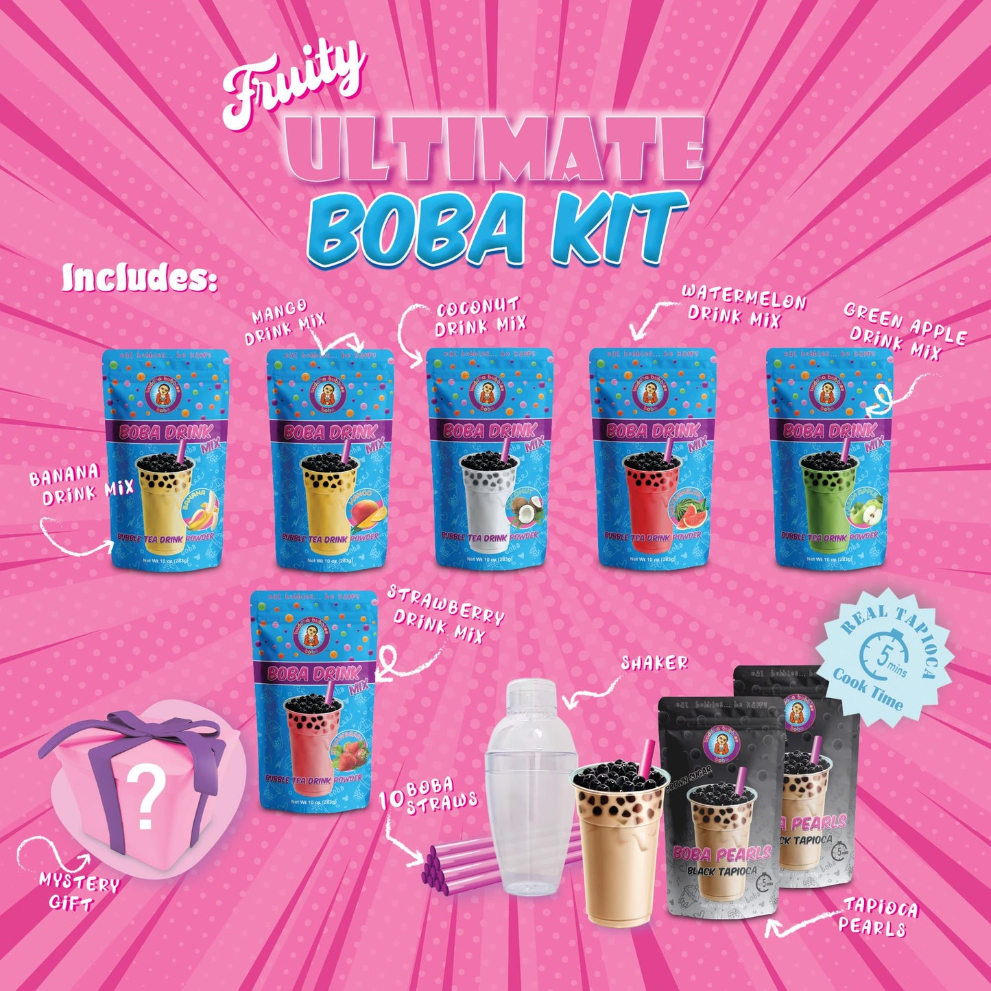 Buddha Bubbles Boba Ultimate D.I.Y. Boba Tea Kit Gift Box - 29 Piece Set with 6 Flavors, Straws, and Shaker