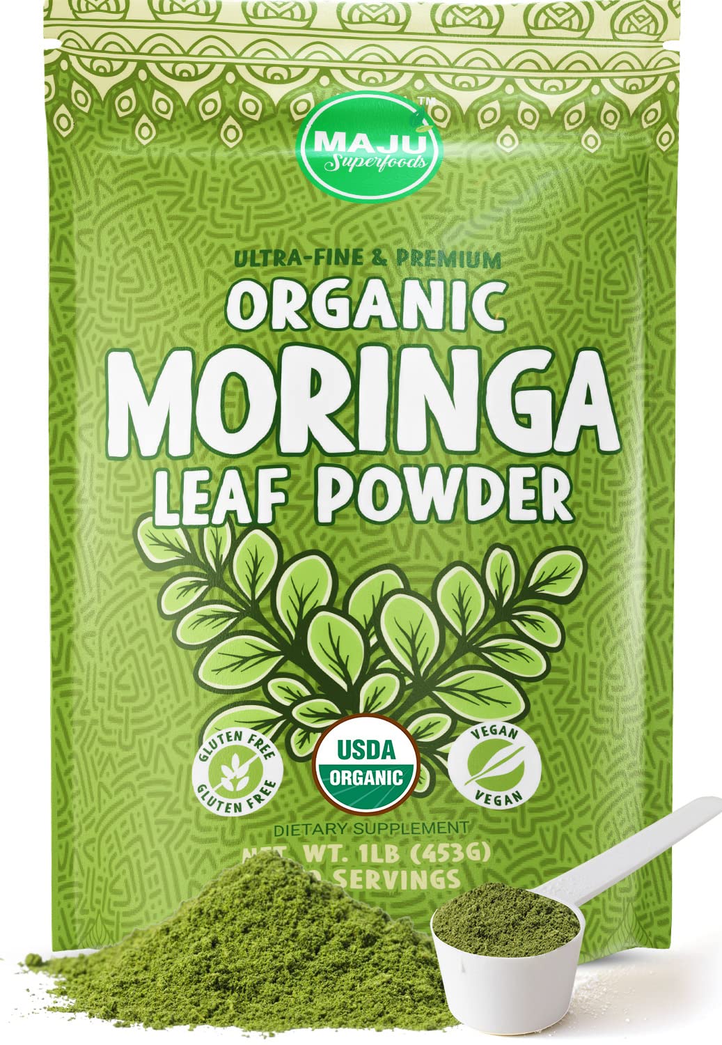 Majus Organic Moringa Powder (1 Pound), Oleifera Leaf, Extra-Fine Quality, Dried Drumstick Tree Leaves, For Tea, Smoothies, Food-Grade