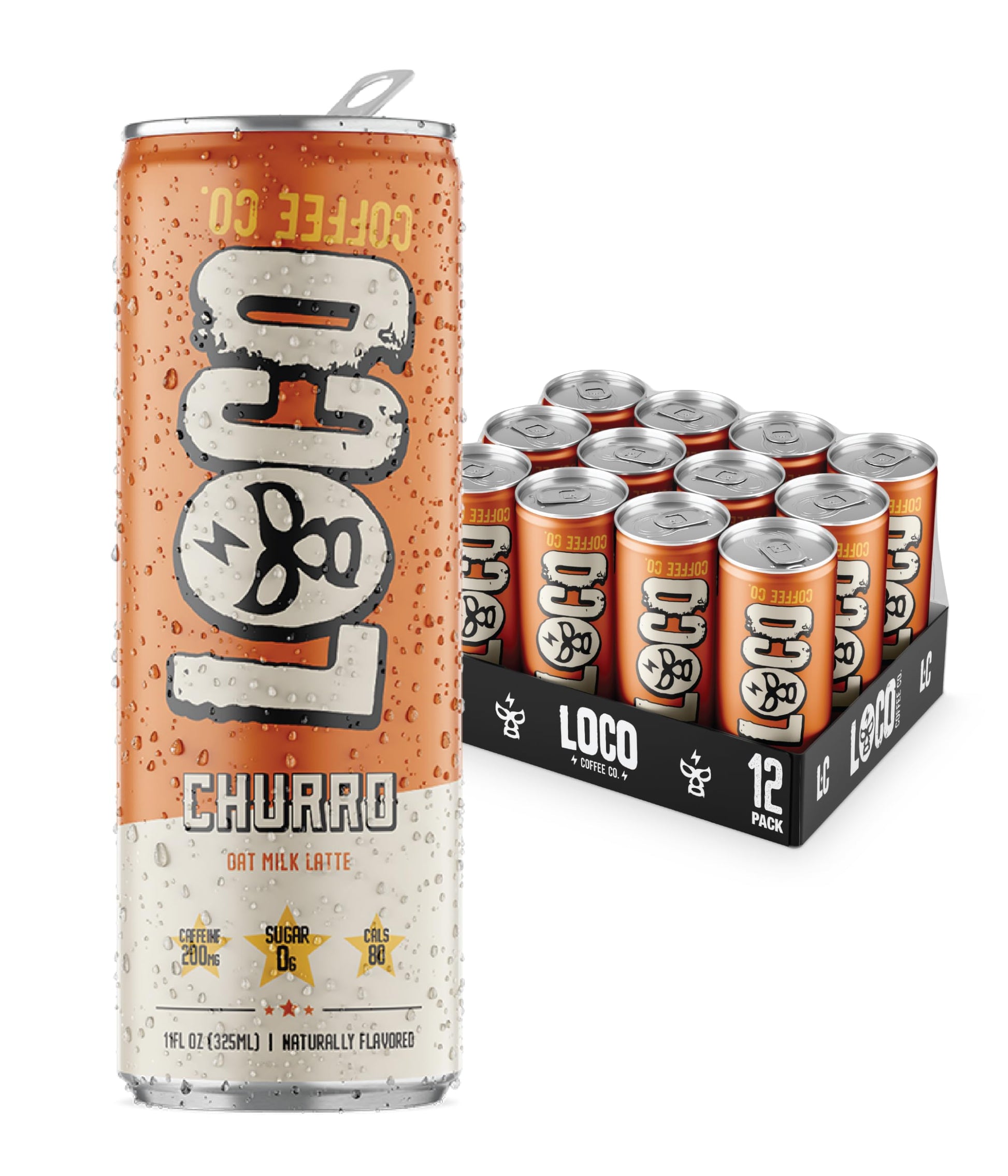 Loco Life Brew Churro Latte Iced Coffee, Zero Sugar, 200mg Caffeine, 11 Fl Oz Can, 12 Count, Gluten Free, Dairy Free