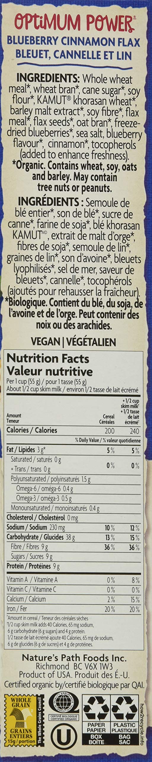 Nature'S Path, Organic Optimum Breakfast Cereal - Flax, Soy, Blueberry Cinnamon, 14 Oz