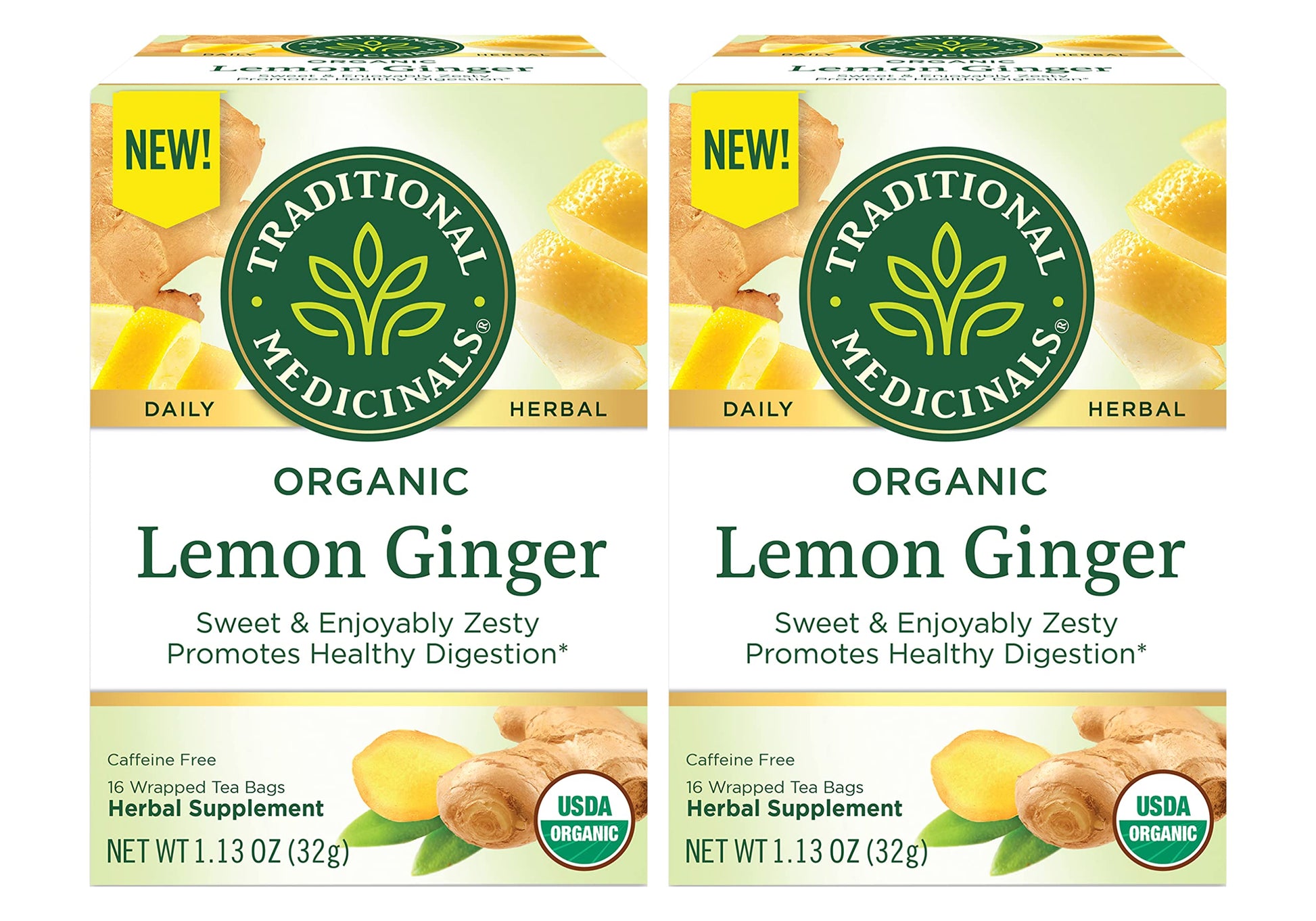 Traditional Medicinals Organic Lemon Ginger Tea, 16 Count (Pack Of 2) - Total 32 Tea Bags