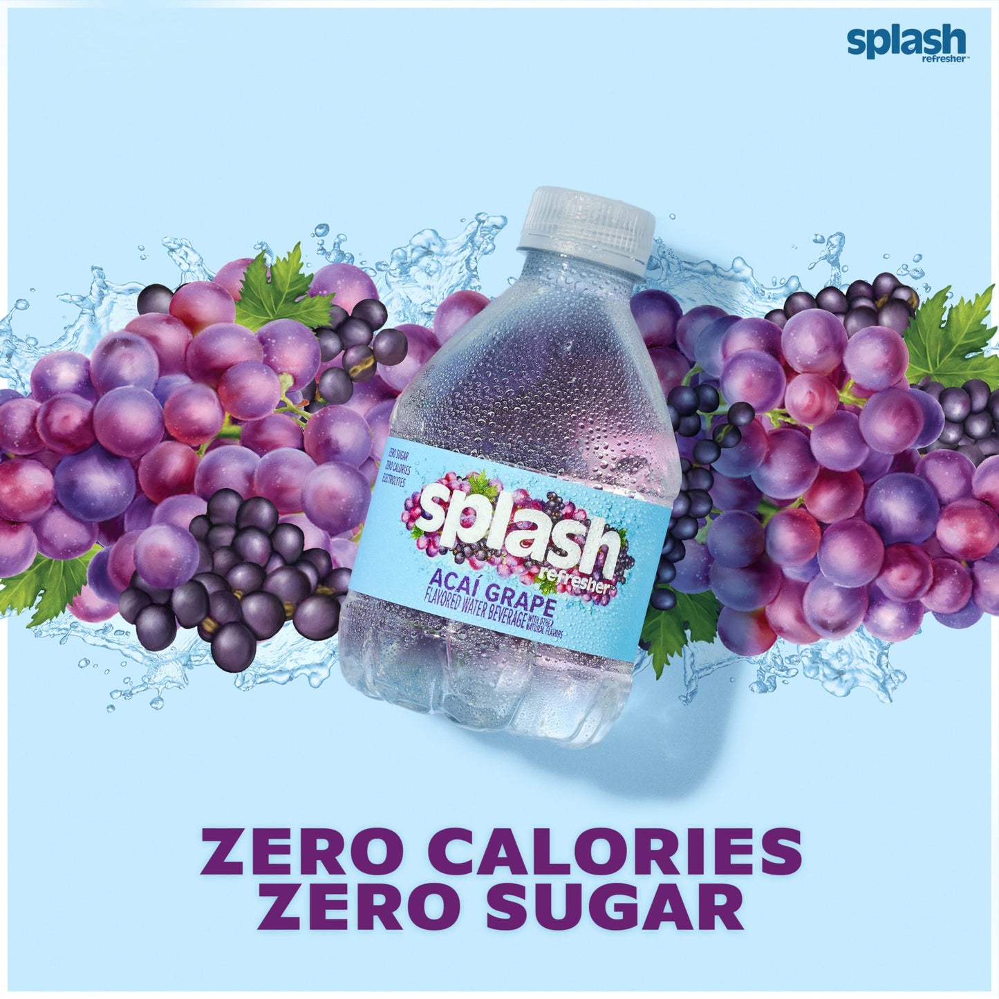 SPLASH BLAST Flavored Water Beverage, Acai G , 8 Fl Oz Bottles, 24 Pack, Clear