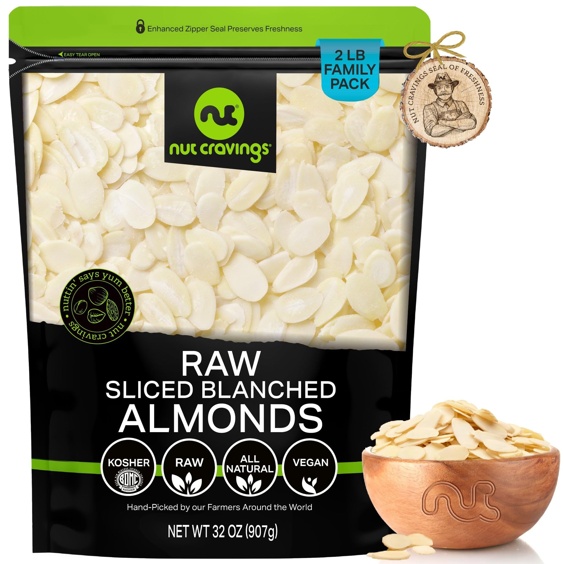 NUT CRAVINGS - Blanched Sliced Almonds - Raw, (32oz - 2 LB) Packed Fresh in Resealable Bag - Nut Snack - Healthy Protein Food, A